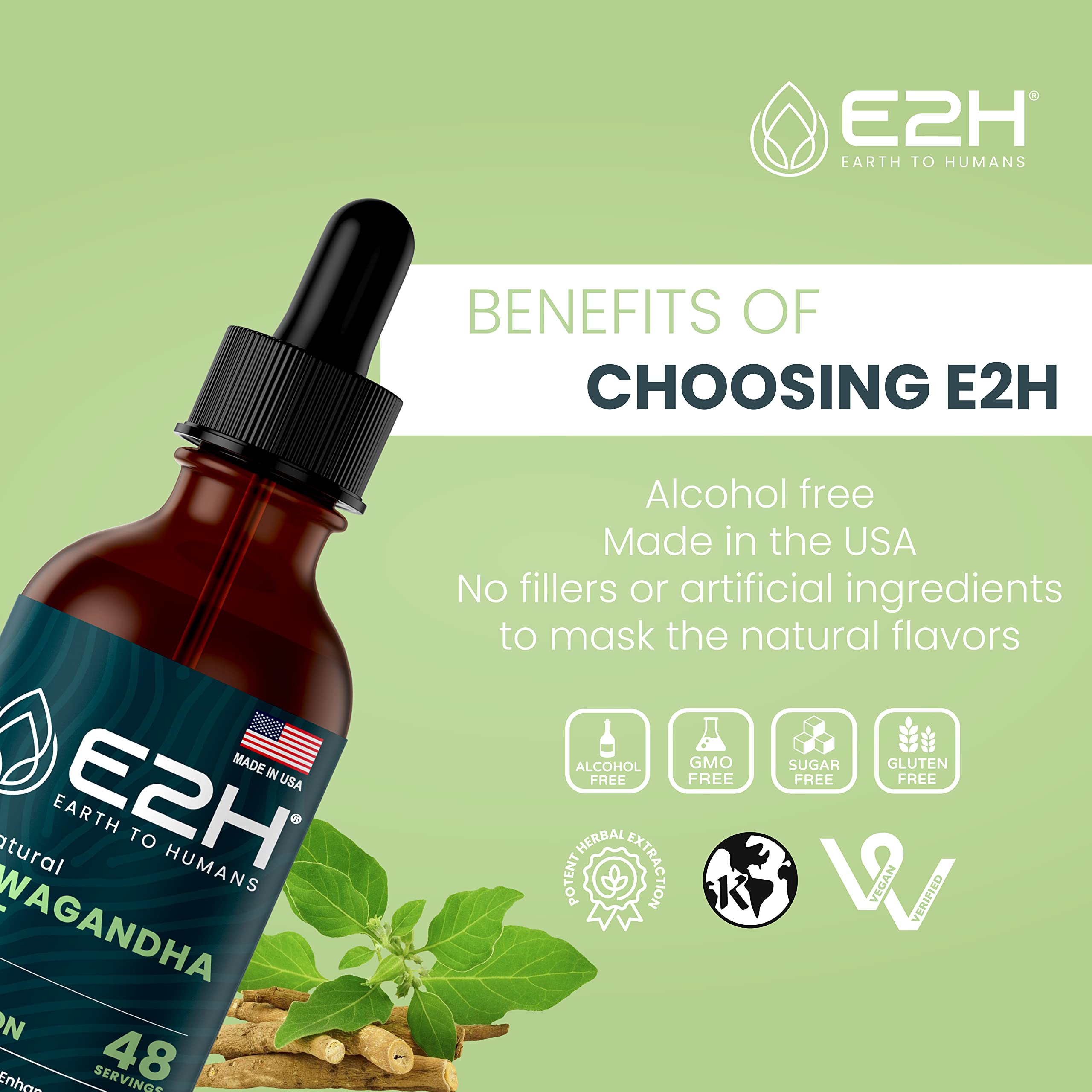 E2H Ashwagandha Liquid Drops - All-Natural Ashwagandha Supplement for Stress Relief and Mood Enhancer- Organic Ashwagandha Root Extract Effective Cortisol Manager | Non-GMO, Vegan | 2 Fl Oz E2H EARTH TO HUMANS uk supplements
