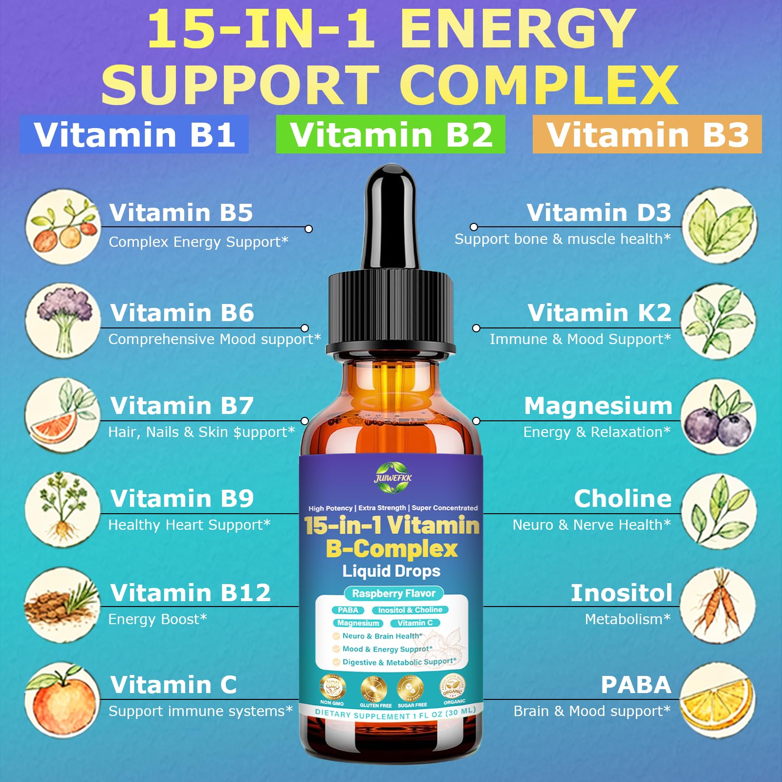Advanced Vitamin B Complex Liquid Drops for Women Men & Kids, 15-in-1 VIT B Complex with Vitamin C B12 B6 B1 Niacin Folate for Brain Nerve Neuropathy Energy Mood Health, Sublingual B-Complex Drops JUIWEFKK uk supplements
