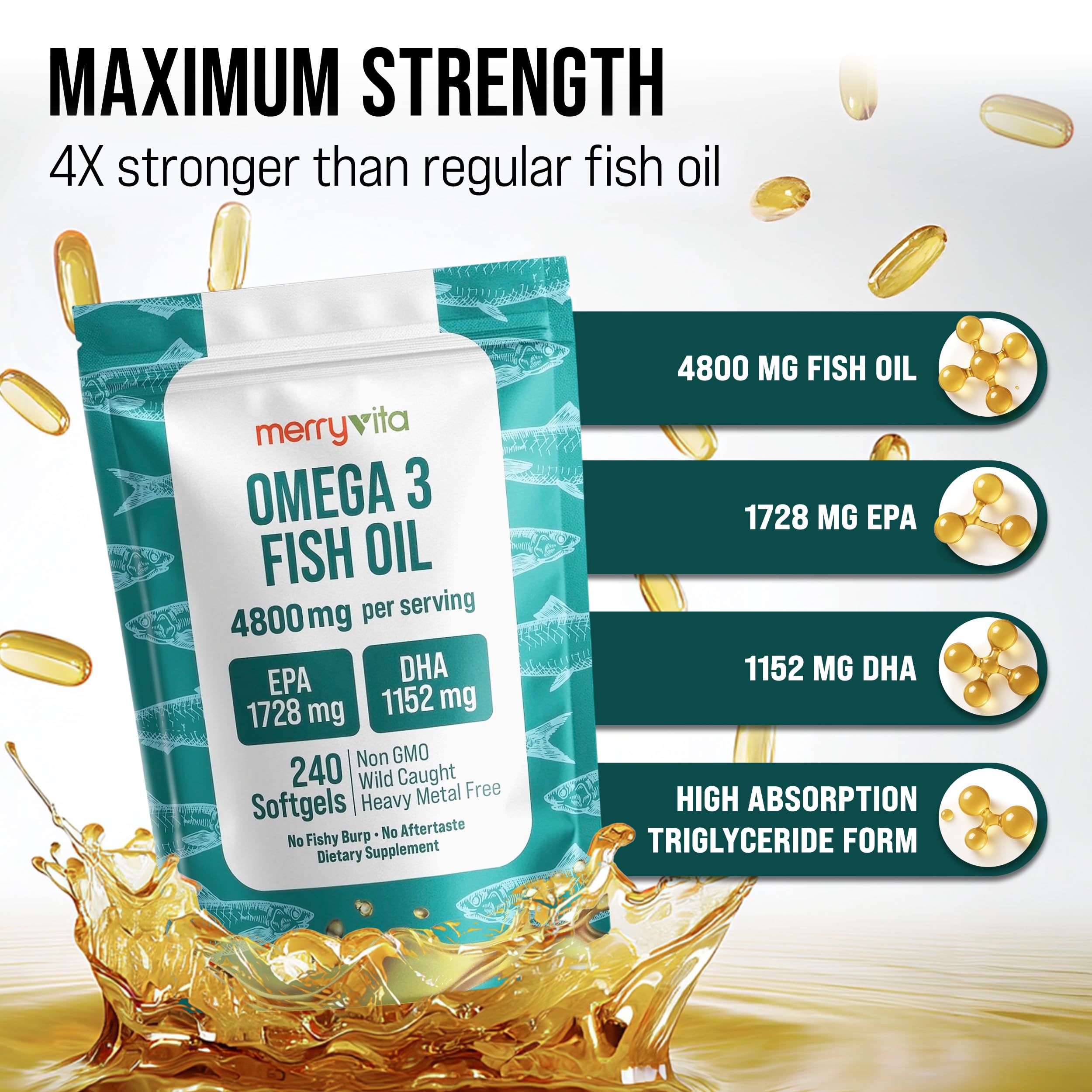 Omega 3 Fish Oil 4800 mg – EPA 1728 mg | DHA 1152 mg from Wild-Caught Anchovies – Burpless Mini Softgels – Pure Omega-3 Fatty Acid Supplement – Non-GMO, Gluten-Free, No Aftertaste – 240 Capsules MERRY VITA uk supplements