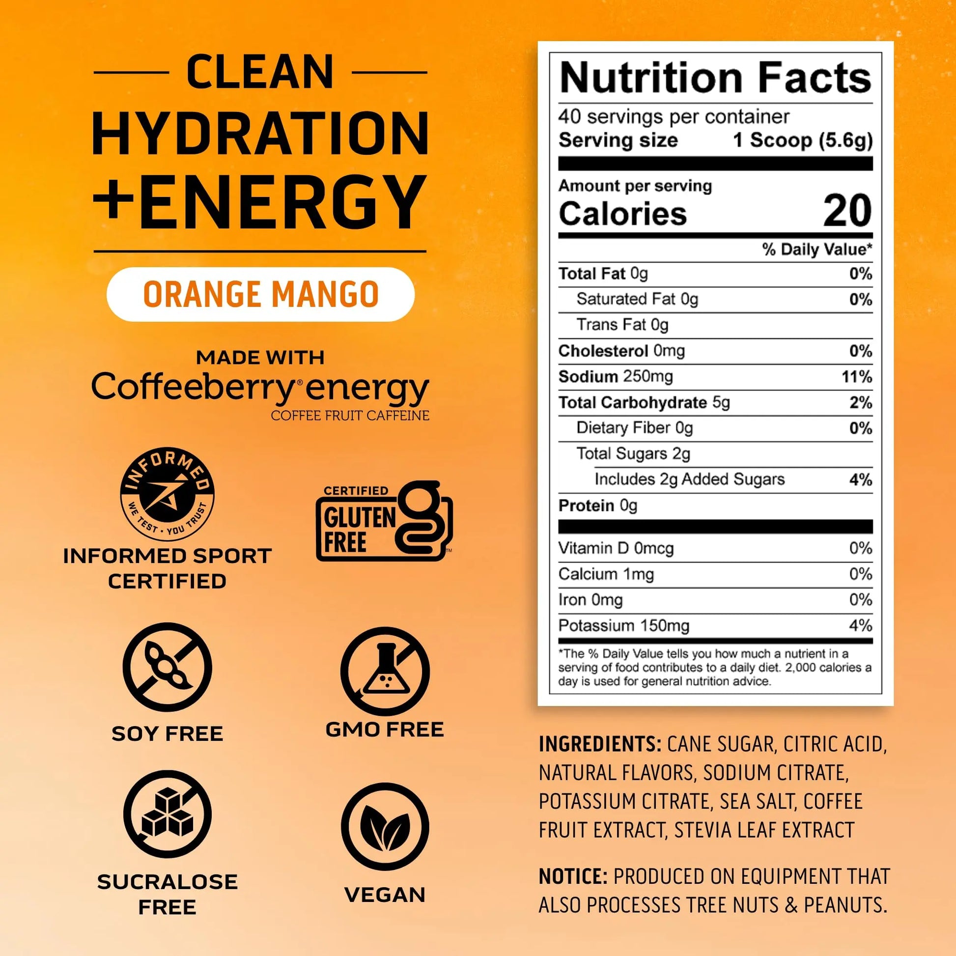 Ascent Clean Hydration + Energy Electrolytes Powder - 100mg Caffeine, 400mg Electrolytes, No Artificial Ingredients, Orange Mango 40 Servings Ascent uk supplements