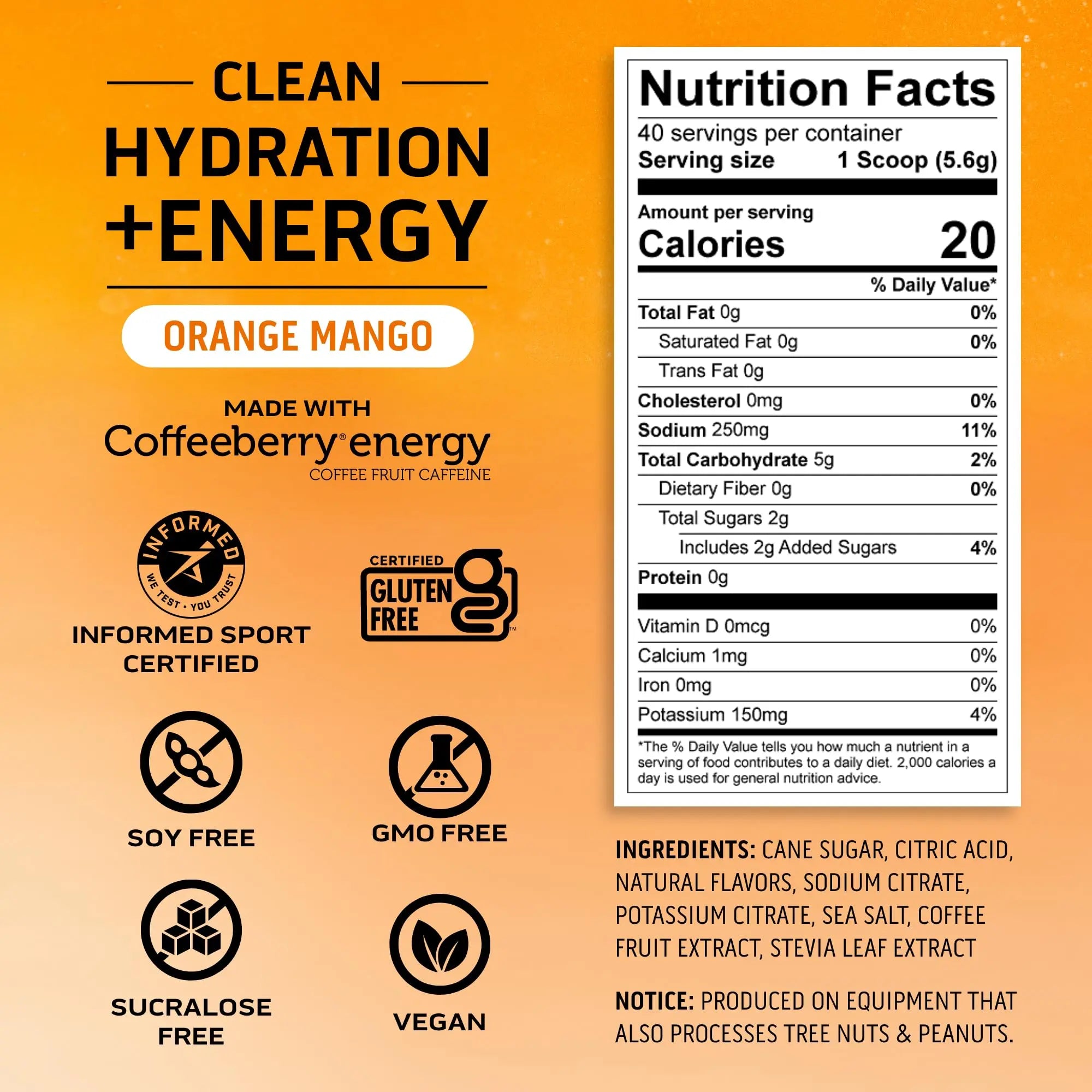 Ascent Clean Hydration + Energy Electrolytes Powder - 100mg Caffeine, 400mg Electrolytes, No Artificial Ingredients, Orange Mango 40 Servings Ascent uk supplements