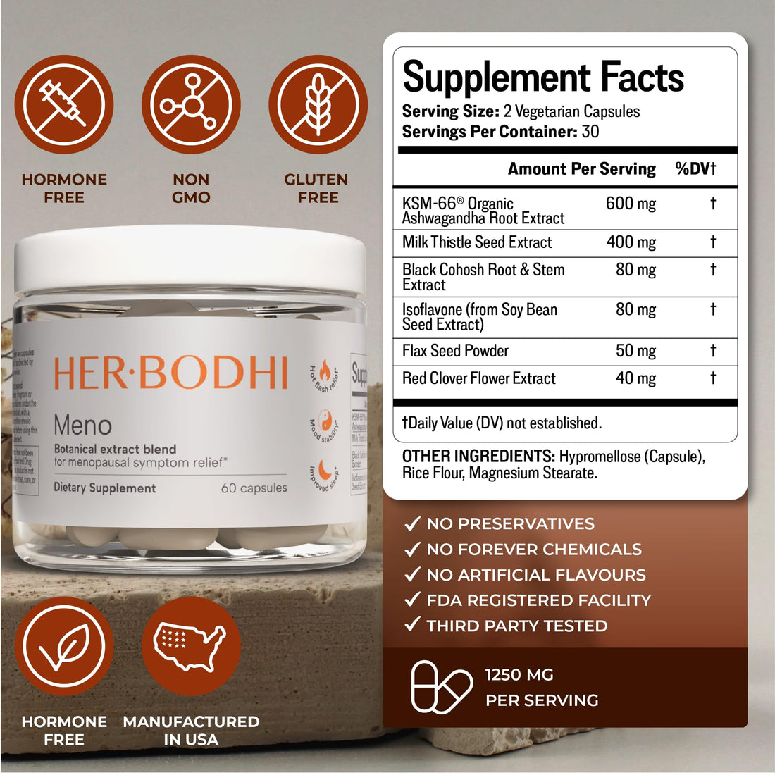 Her Bodhi Meno- Menopause Hormonal Balance for Women, Estrogen Soy Isoflavones Menopause Supplement for Women | with Ashwagandha & Black Cohosh | Hot Flashes Menopause Relief (60 Capsules) Her Bodhi uk supplements