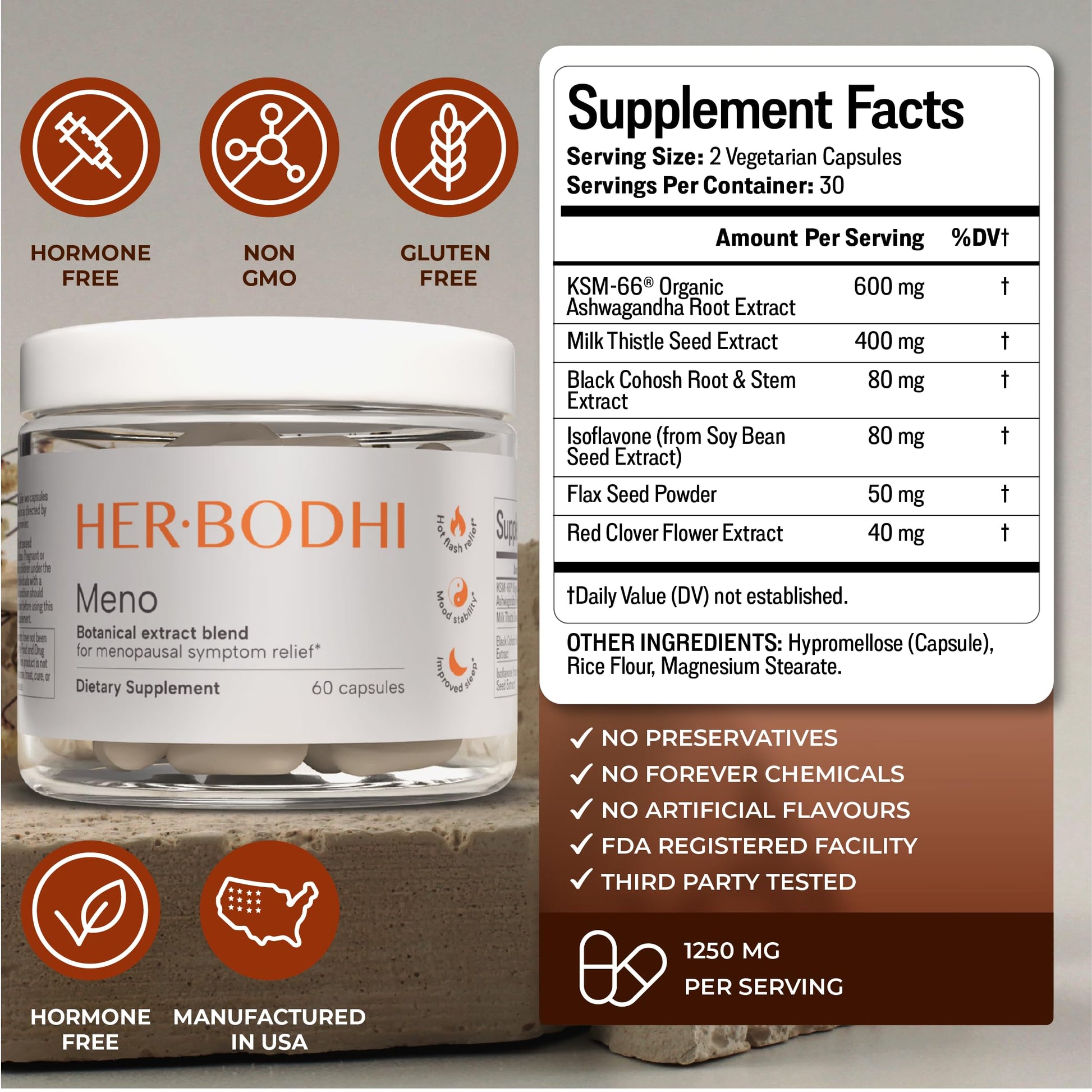Her Bodhi Meno- Menopause Hormonal Balance for Women, Estrogen Soy Isoflavones Menopause Supplement for Women | with Ashwagandha & Black Cohosh | Hot Flashes Menopause Relief (60 Capsules) Her Bodhi uk supplements
