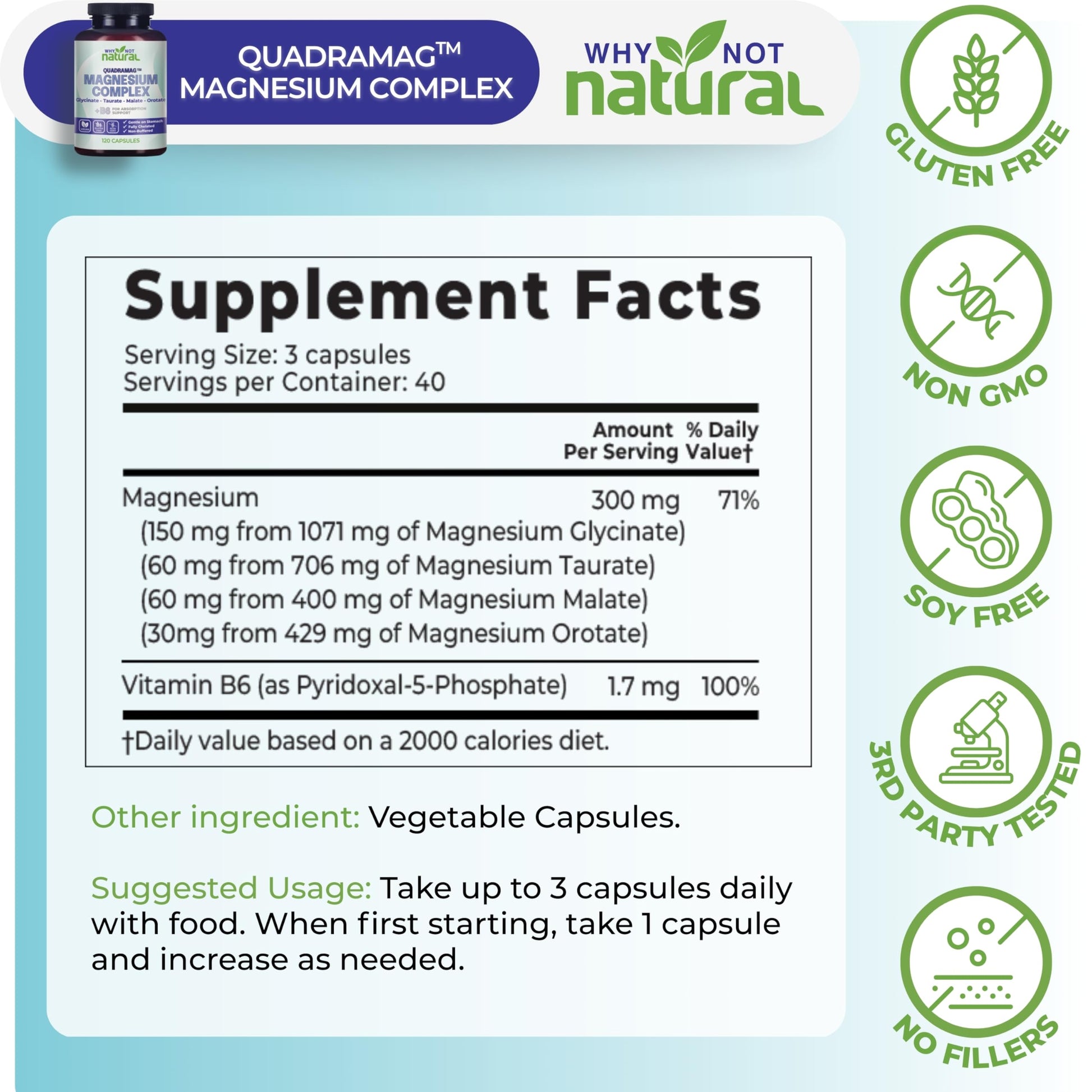 4-in-1 Magnesium Complex Supplement - Glycinate, Taurate, Malate, Orotate Blend - 300 mg per Serving, 120 Capsules Why Not Natural uk supplements