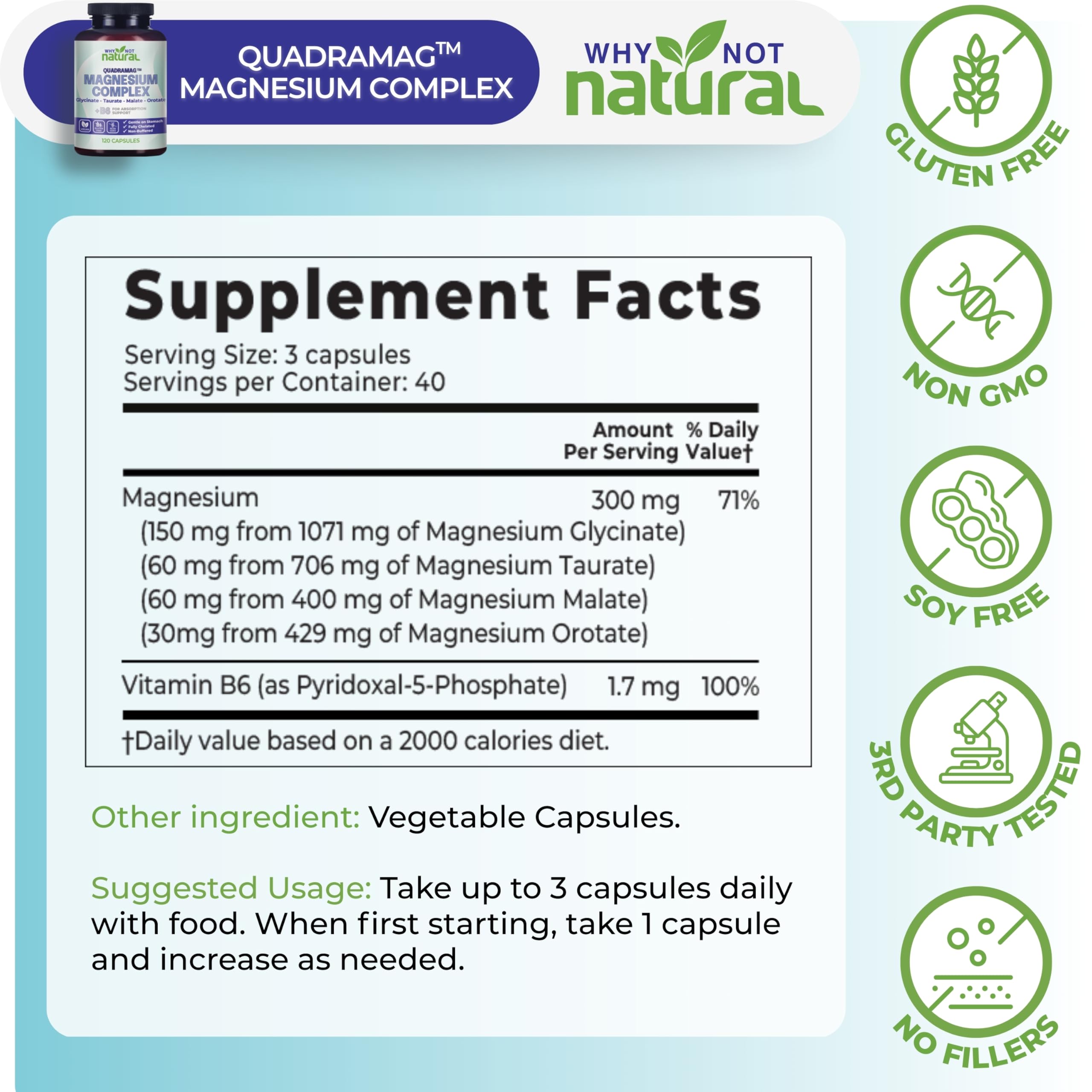 4-in-1 Magnesium Complex Supplement - Glycinate, Taurate, Malate, Orotate Blend - 300 mg per Serving, 120 Capsules Why Not Natural uk supplements