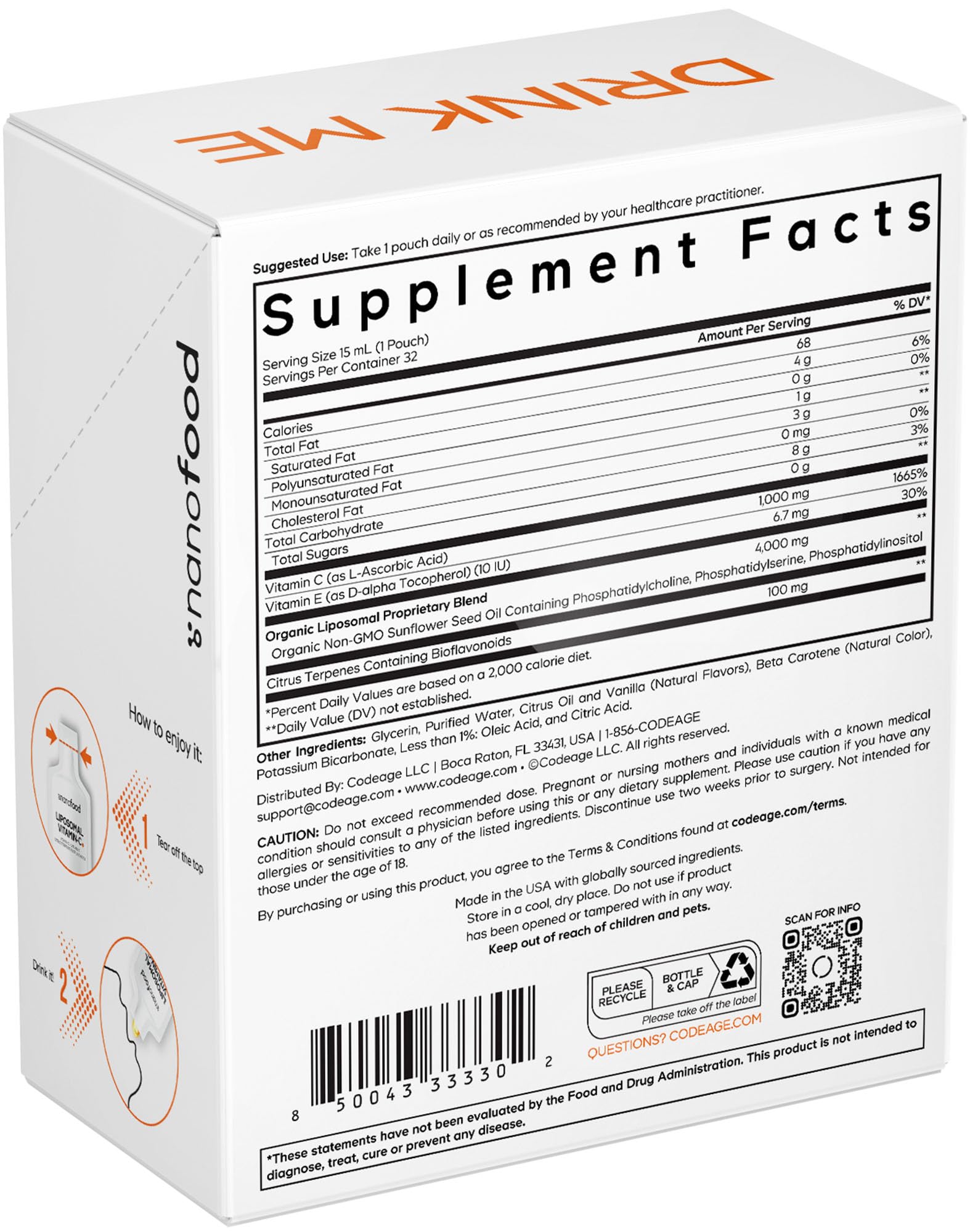 Codeage Liposomal Vitamin C Liquid 1000mg Vitamin C, 4000mg Essential Phospholipids, Supplement For Daily Immune Support, Liposomes For Absorption, Citrus Bioflavonoids, Vitamin E, Non-GMO, 32 Pouches Codeage uk supplements