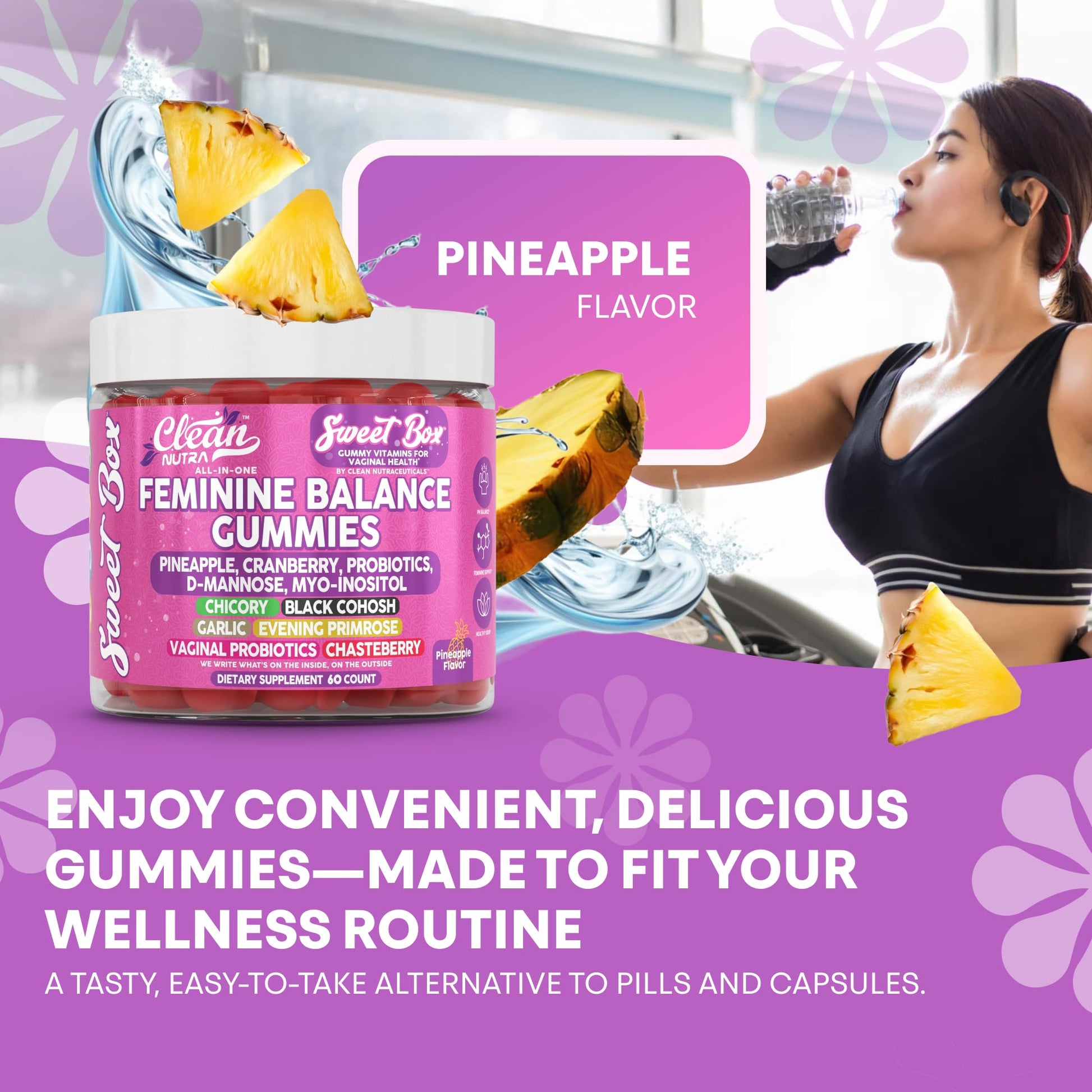 Clean Nutra Feminine Balance Gummies for Women Pineapple VaginalProbiotics pH Balance Cranberry D Mannose Supplement Inositol Black Cohosh Evening Primrose Garlic Vitex GLA Prebiotics Folate 60ct Clean Nutraceuticals uk supplements