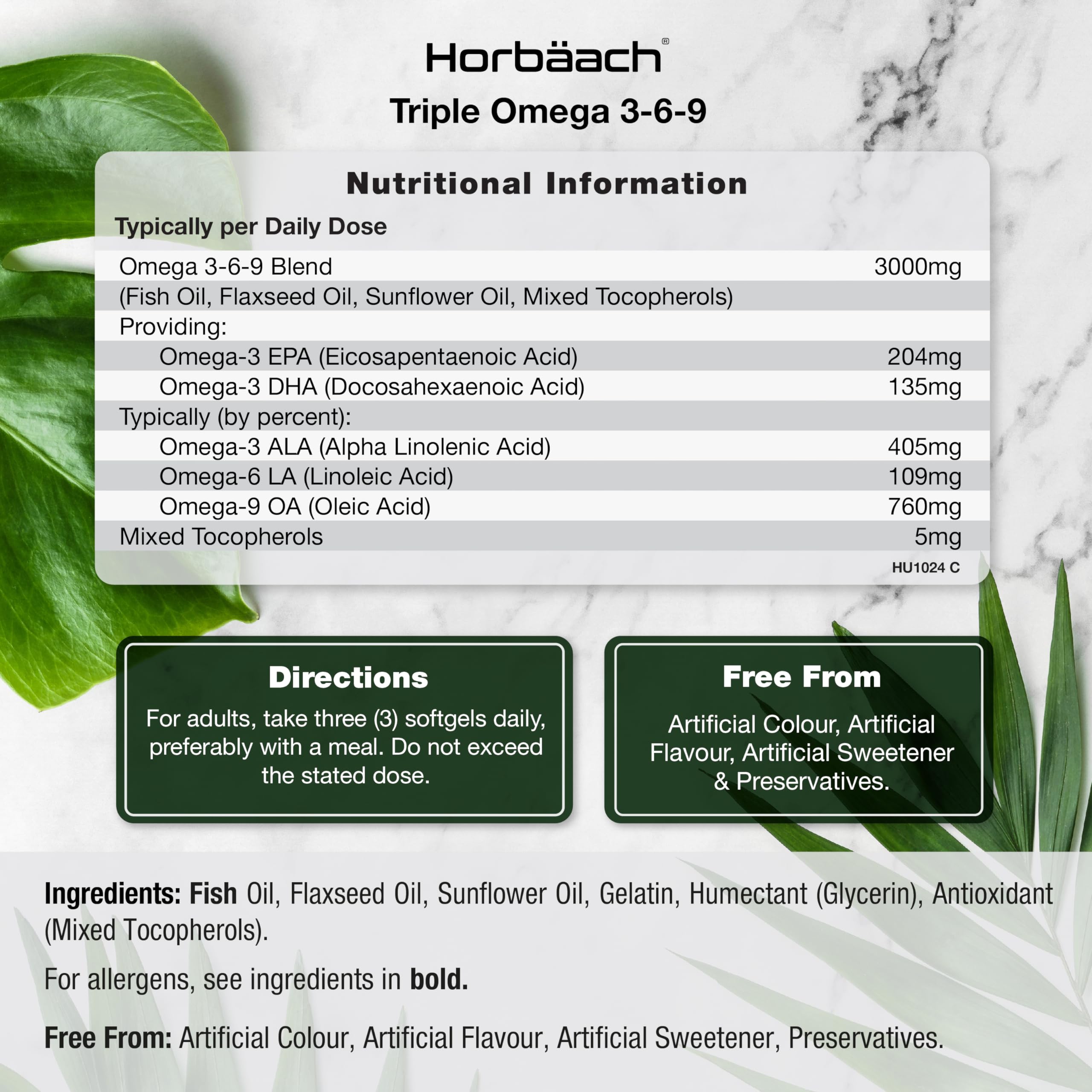 Omega 3 6 9 Capsules High Strength | 3000mg | 120 Softgels | Triple Omega 369 Horbäach uk supplements