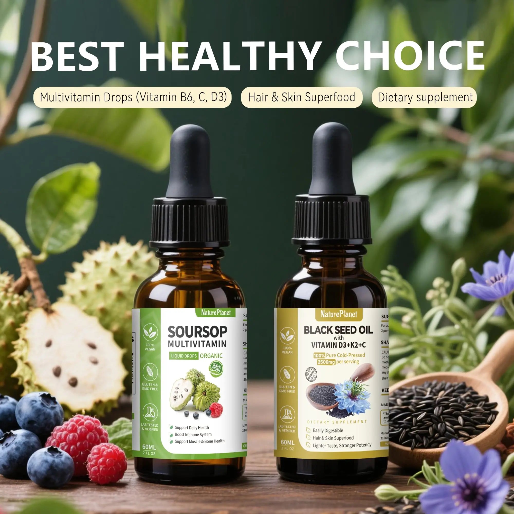 NaturePlanet Organic Soursop Bitters and Black Seed Oil Drops Bundles with Vitamins D3, K2, B6, C | NaturePlanet uk supplements