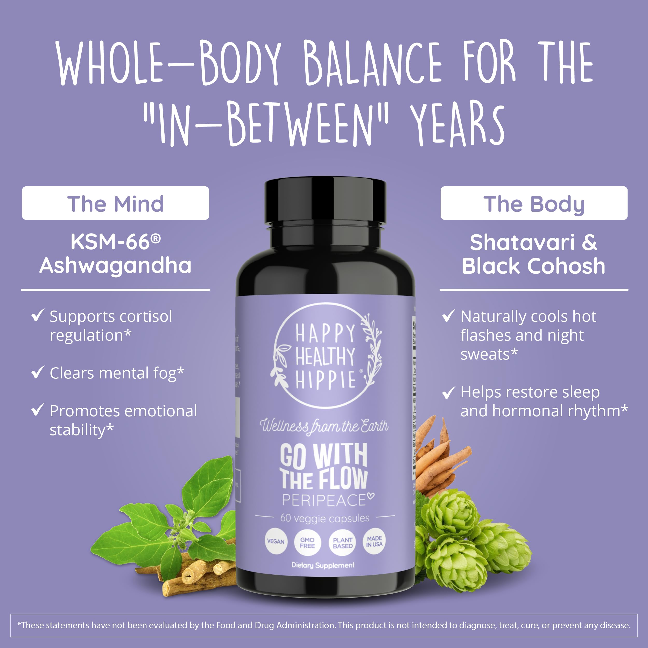 Perimenopause Supplements for Women | Hot Flash, Night Sweat, Mood & Sleep Support | Vegan Hormone Balance Capsules with KSM-66 Ashwagandha, Shatavari & Black Cohosh | Estrogen-Free, 60ct Happy Healthy Hippie uk supplements