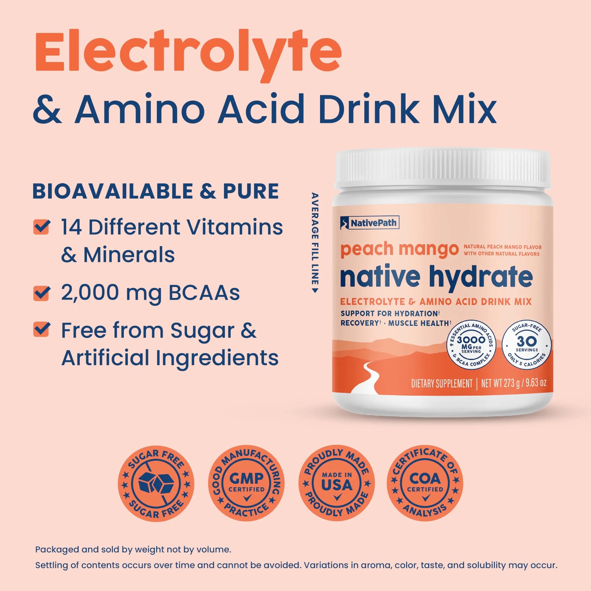 NativePath Hydrate, Zero Sugar, Electrolytes Powder with BCAAs, Peach Mango Hydration, Keto & Paleo Friendly, 30 Servings NativePath uk supplements