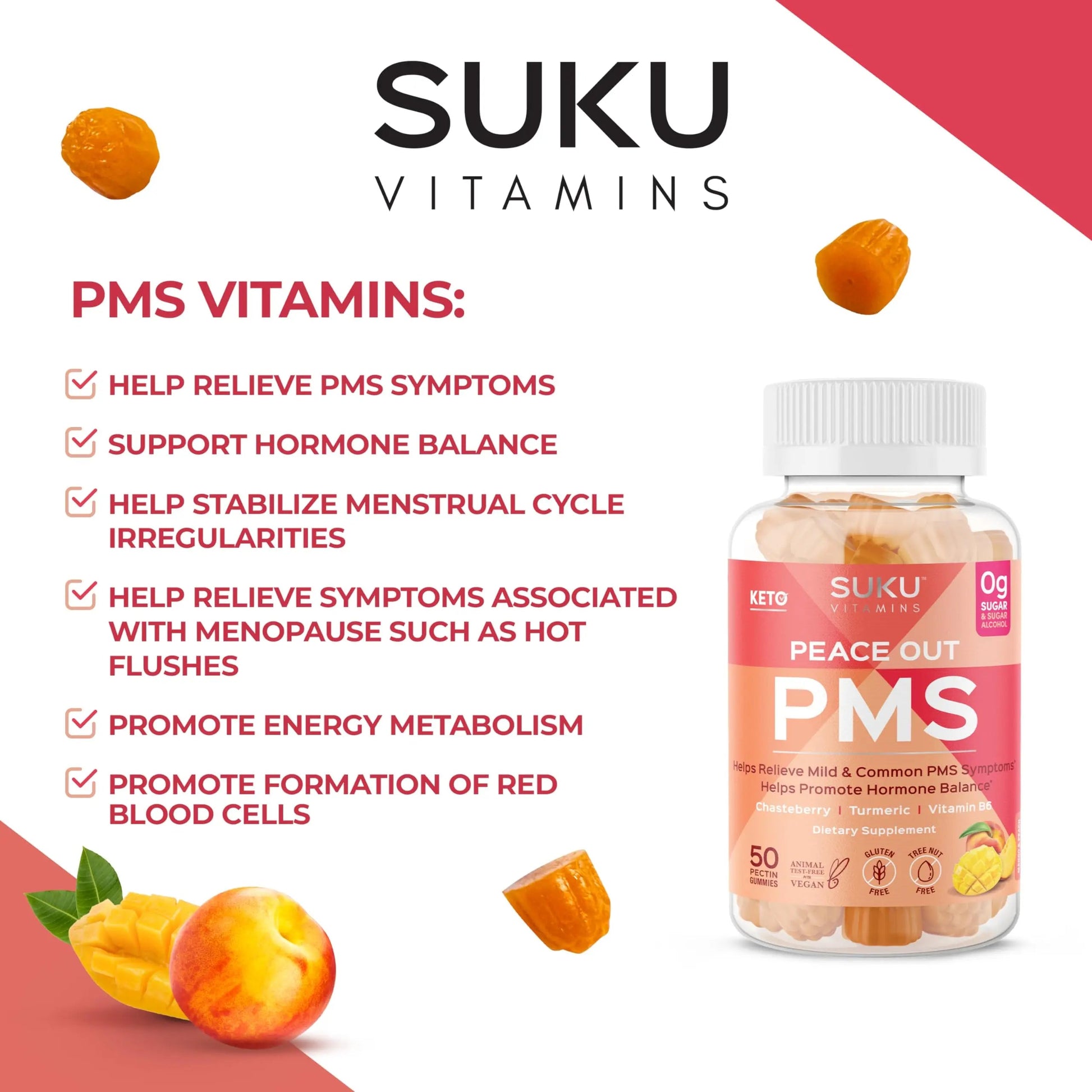 SUKU Vitamins - PMS Gummy Supplement with Chasteberry to Relieve PMS and Menopause Peach Mango Gummies (50 Count) SUKU uk supplements