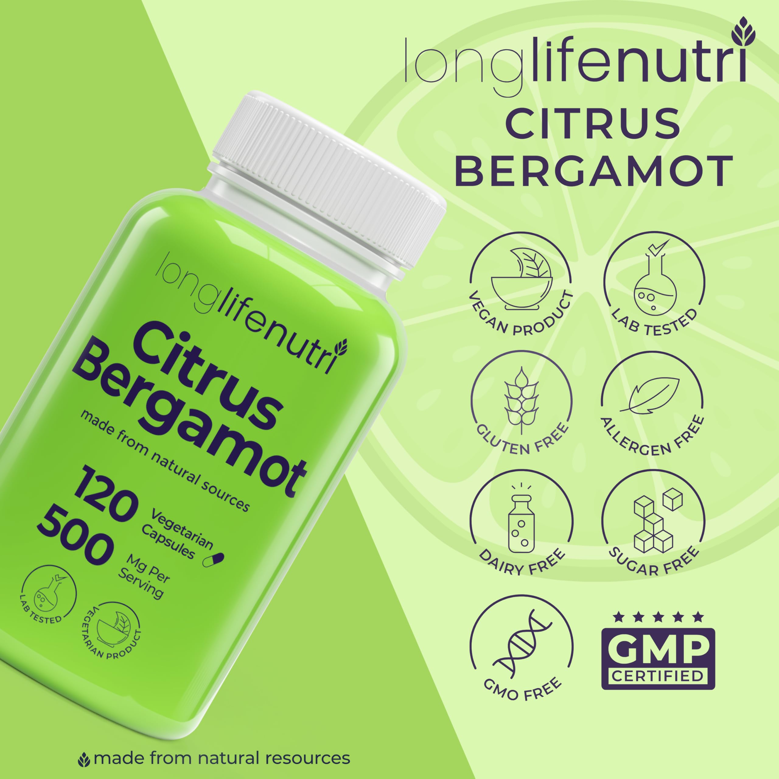 LongLifeNutri Citrus Bergamot Extract 500mg - 120 Vegetarian Capsules, 40% Polyphenolic Flavanones, 4-Month Supply, Plant-Based Anti-Oxidant, Tested, Made in USA LongLifeNutri uk supplements