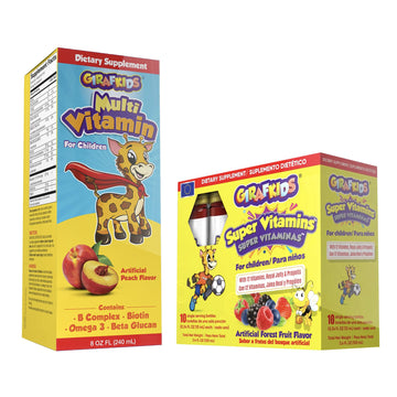 GirafKids Multivitamin Syrup + Super Vitamins Liquid Bundle for Kids Ages 4+ | Omega-3, Beta Glucan, Royal Jelly & Propolis | PHARMADEL uk supplements