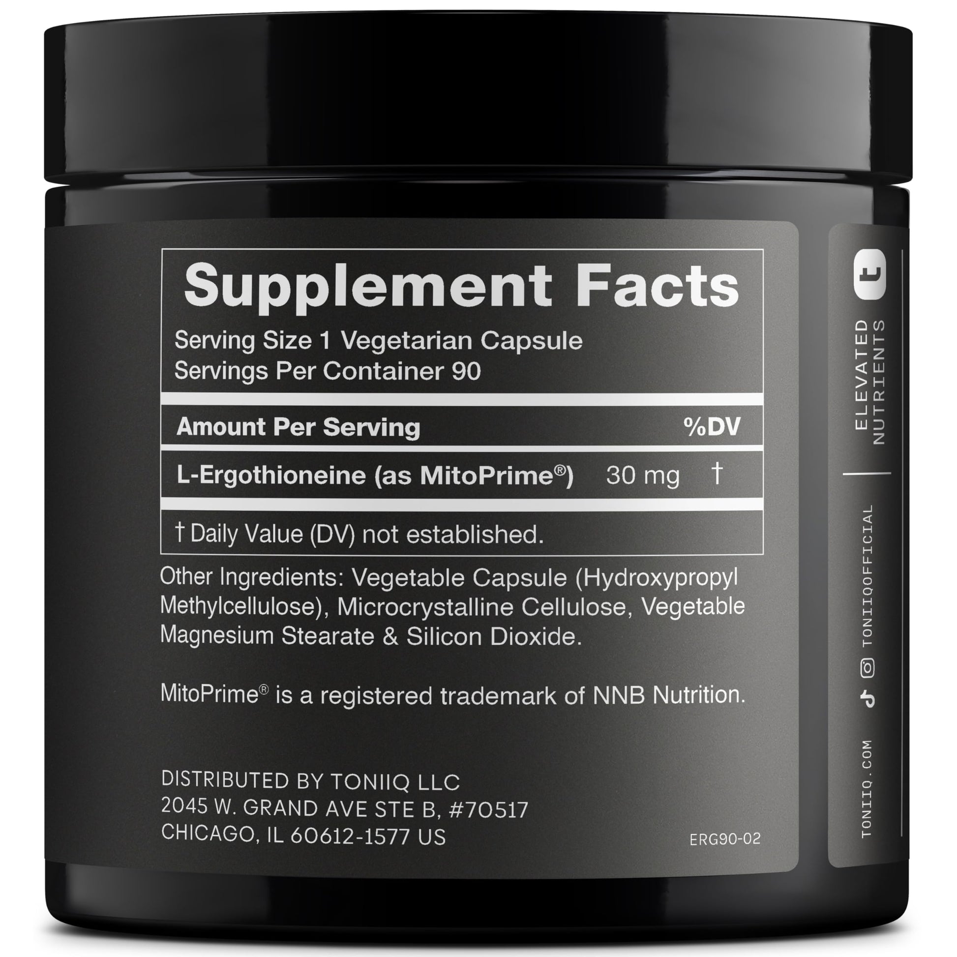 Ergothioneine with Clinically Studied MitoPrime® - High Potency 30mg with 98% Purity - Fermentation-Based L Ergothioneine Supplement - Longevity and Immune Support - Third-Party Tested, 90 Capsules Toniiq uk supplements