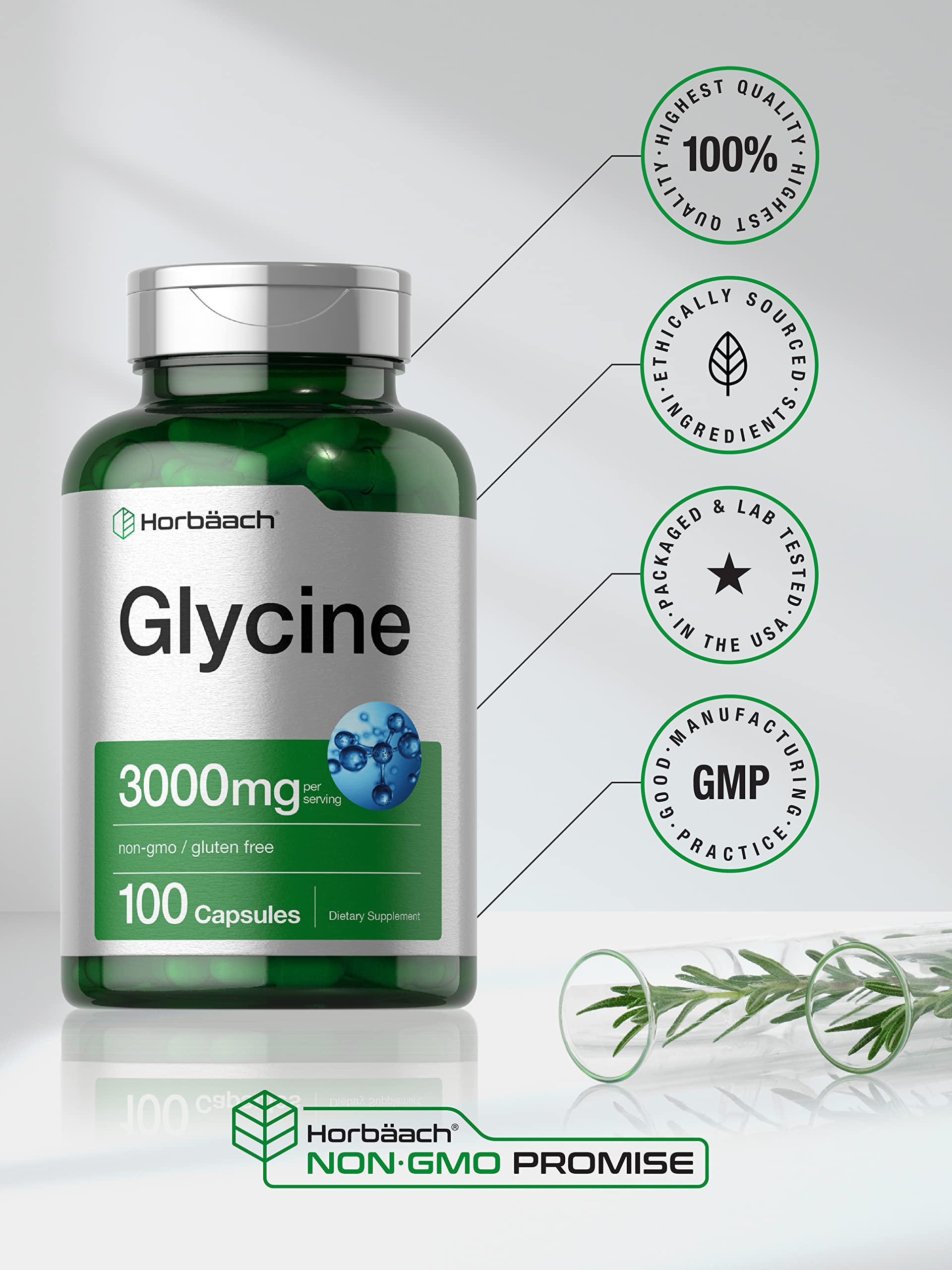 Glycine 3000 mg 100 Capsules | Non-GMO, Gluten Free Glycine Supplement | by Horbaach Horbäach uk supplements