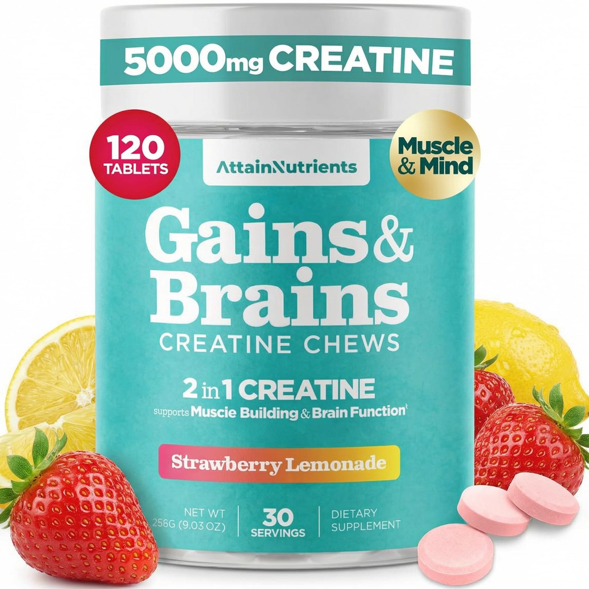 Creatine Chews - 5000mg Creatine Monohydrate Tablets for Men & Women with Ashwagandha KSM-66 - Low Sugar Muscle Support & Cognitive Boost - Gummy Alternative - 120 Count (Strawberry Lemonade) Attain Nutrients uk supplements