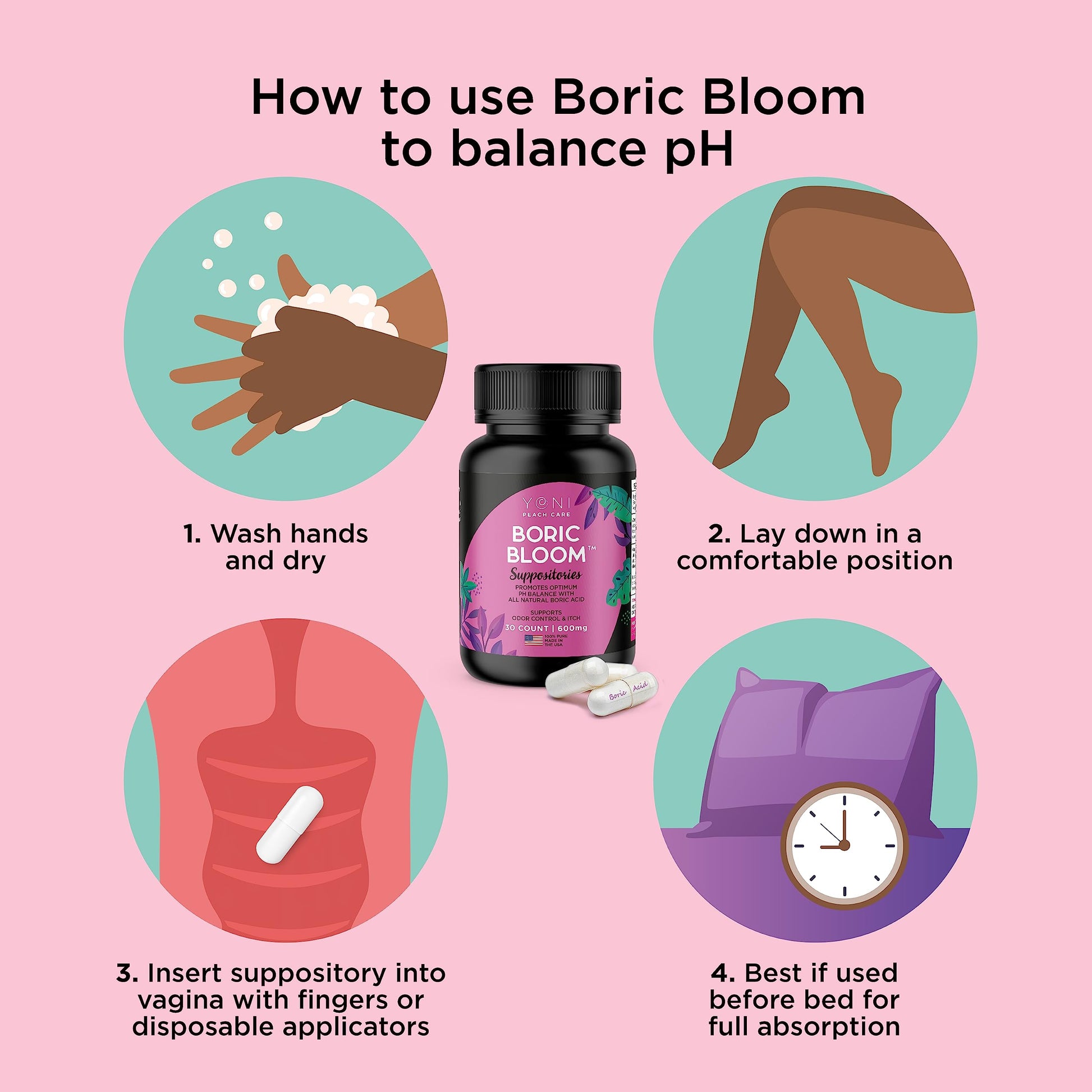 Boric Acid Suppositories - Vaginial Suppository Bacterial Vaginosis, pH Balance for Women Pills Yoni Peach Care uk supplements