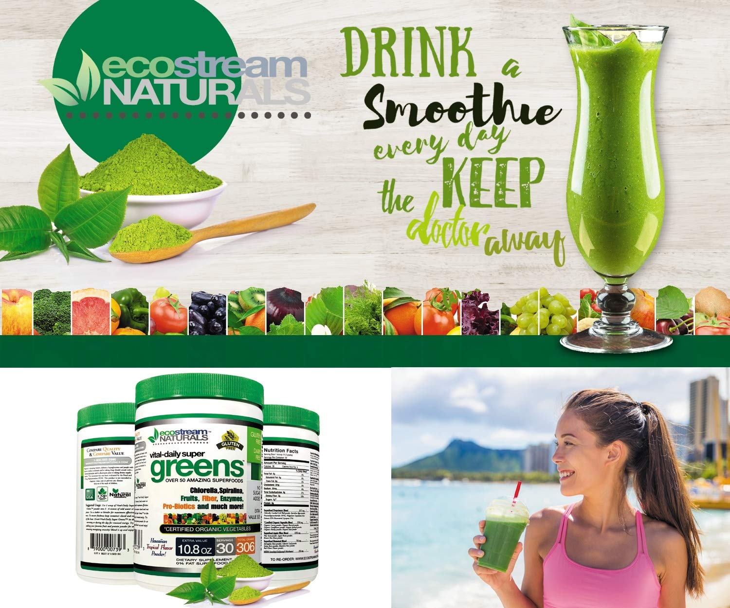 ecostream Naturals Vital First Daily Greens Superfood Powder 50 Whole Super Foods with Spirulina, Chlorella, Flax Seed, Fiber and Enzymes with Organic Greens - 30 Servings ecostream Naturals uk supplements