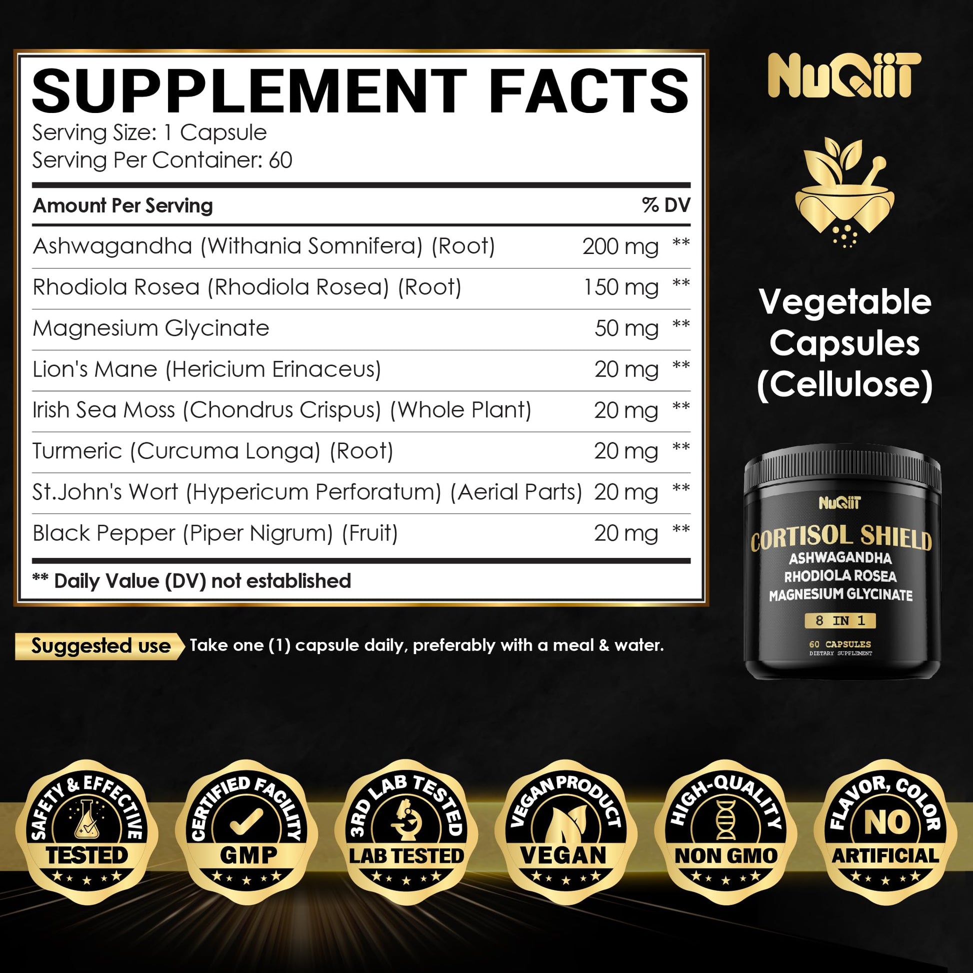 8in1 Cortisol Shield - Ashwagandha and Magnesium, Rhodiola Rosea, Lions Mane, Sea Moss, Turmeric, St Jonh's Wort - Mind& Mood Balance, Rest Well, Support Immume - 60 Capsules NUQIIT uk supplements