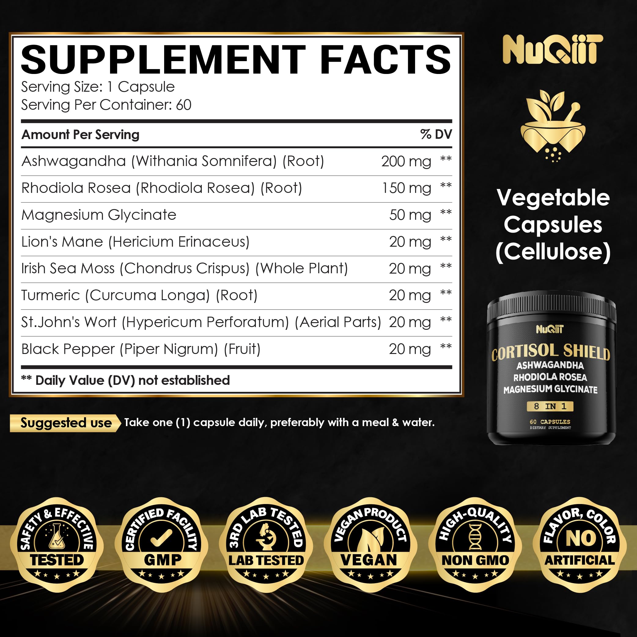 8in1 Cortisol Shield - Ashwagandha and Magnesium, Rhodiola Rosea, Lions Mane, Sea Moss, Turmeric, St Jonh's Wort - Mind& Mood Balance, Rest Well, Support Immume - 60 Capsules NUQIIT uk supplements
