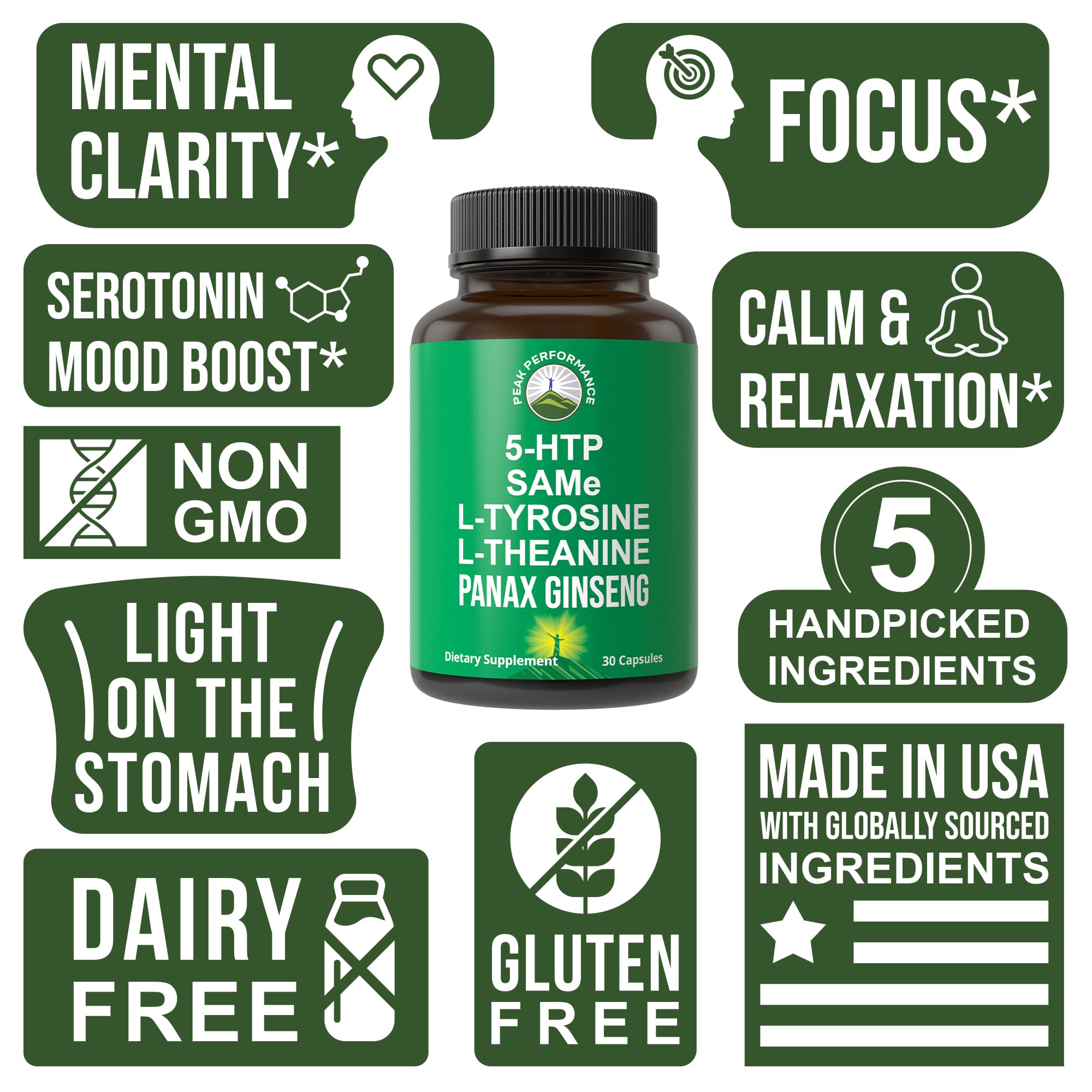 Peak Performance Mood Support Supplement with 5 Top Ingredients: 5HTP, SAM e, L Tyrosine, L Theanine, and Panax Ginseng. Calm, Focus, Relaxation Supplements. Vegan Peak Performance uk supplements