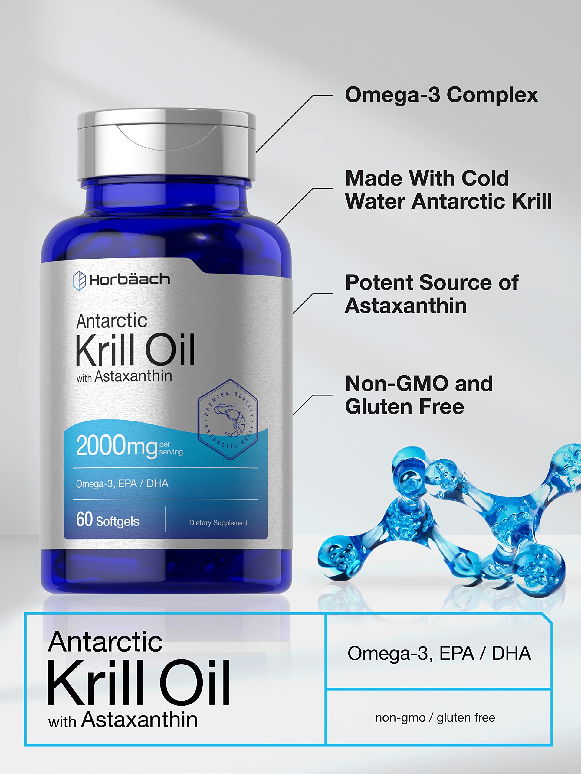 Horbäach Antarctic Krill Oil 2000mg | 60 Softgel Capsules | Omega-3, EPA, DHA Supplemen Horbäach uk supplements