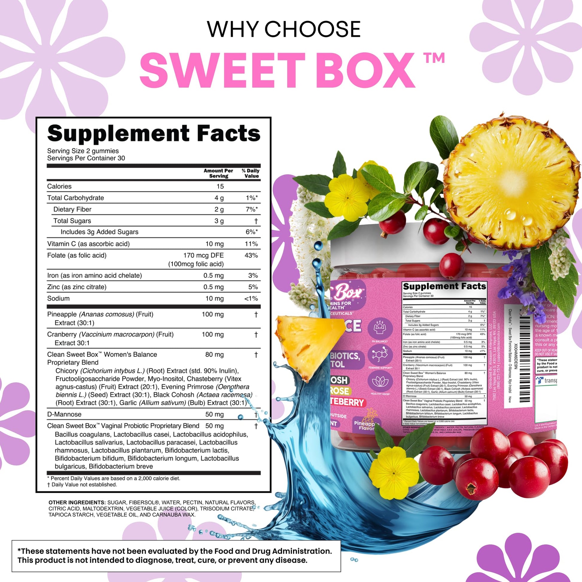 Clean Nutra Feminine Balance Gummies for Women Pineapple VaginalProbiotics pH Balance Cranberry D Mannose Supplement Inositol Black Cohosh Evening Primrose Garlic Vitex GLA Prebiotics Folate 60ct Clean Nutraceuticals uk supplements