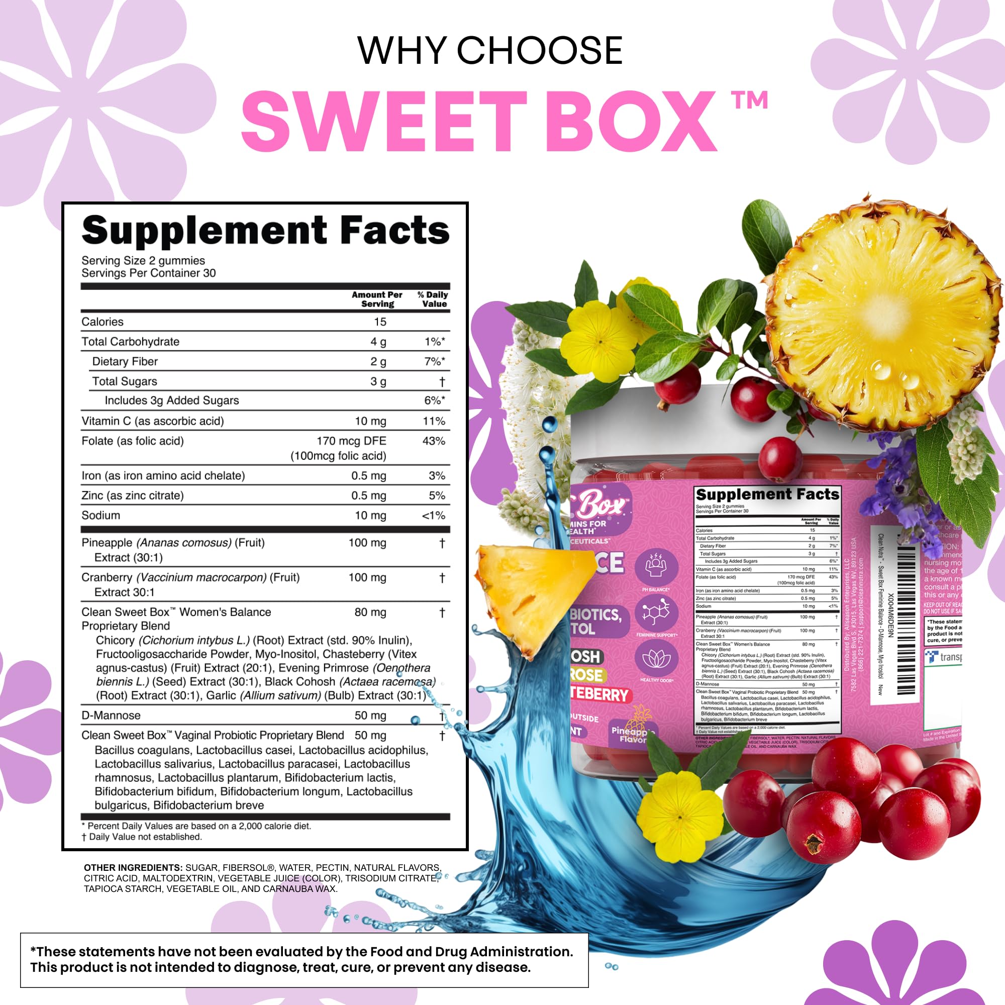 Clean Nutra Feminine Balance Gummies for Women Pineapple VaginalProbiotics pH Balance Cranberry D Mannose Supplement Inositol Black Cohosh Evening Primrose Garlic Vitex GLA Prebiotics Folate 60ct Clean Nutraceuticals uk supplements