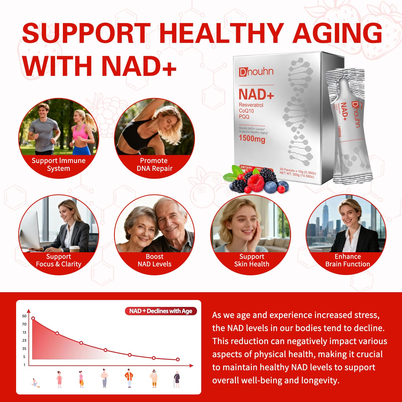 DNOUHN NAD Liquid Supplement 1500mg, Nicotinamide Riboside & Resveratrol with PQQ, NAD Supplement for Women & Men, Boosts Cellular Energy, Anti-Aging, Immune, Focus, 30 Packets DNOUHN uk supplements
