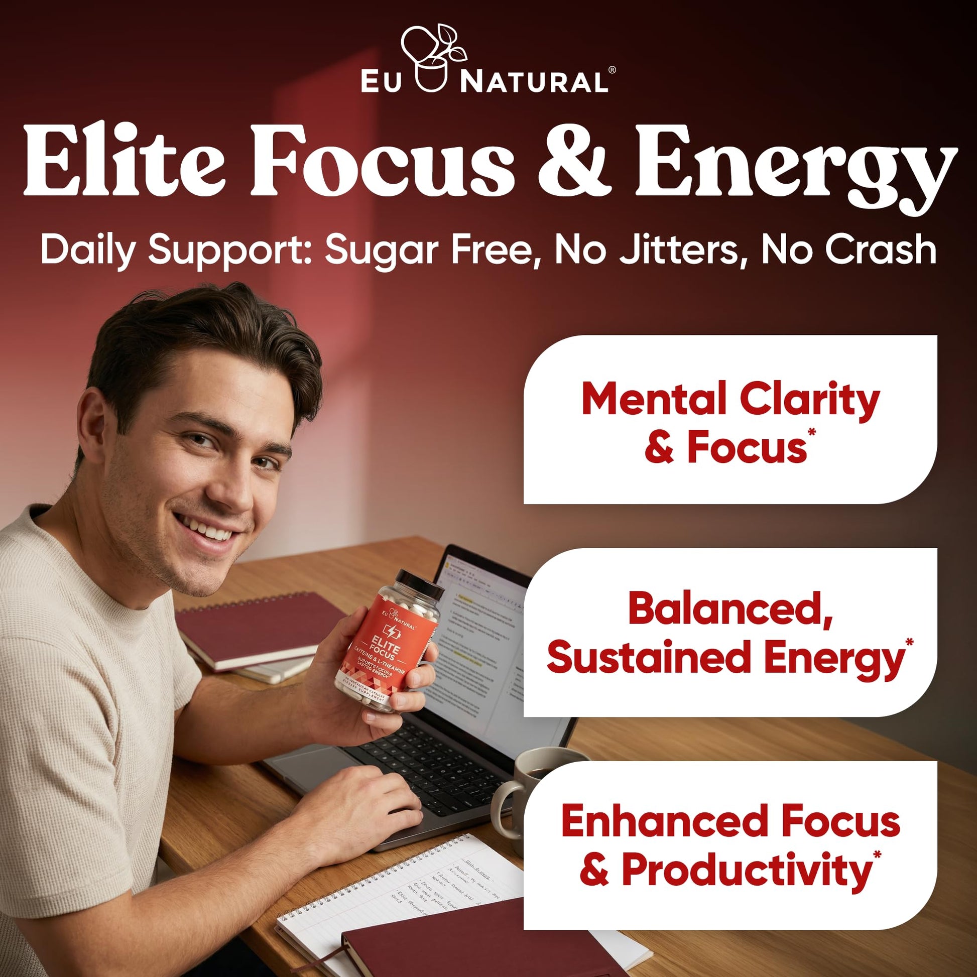 Eu Natural Elite Caffeine Pills with L-Theanine - 100mg Caffeine + 200mg L-Theanine - Jitter-Free Focused Energy & Clean Nootropic Stack - 240 Soft Capsules Eu Natural uk supplements