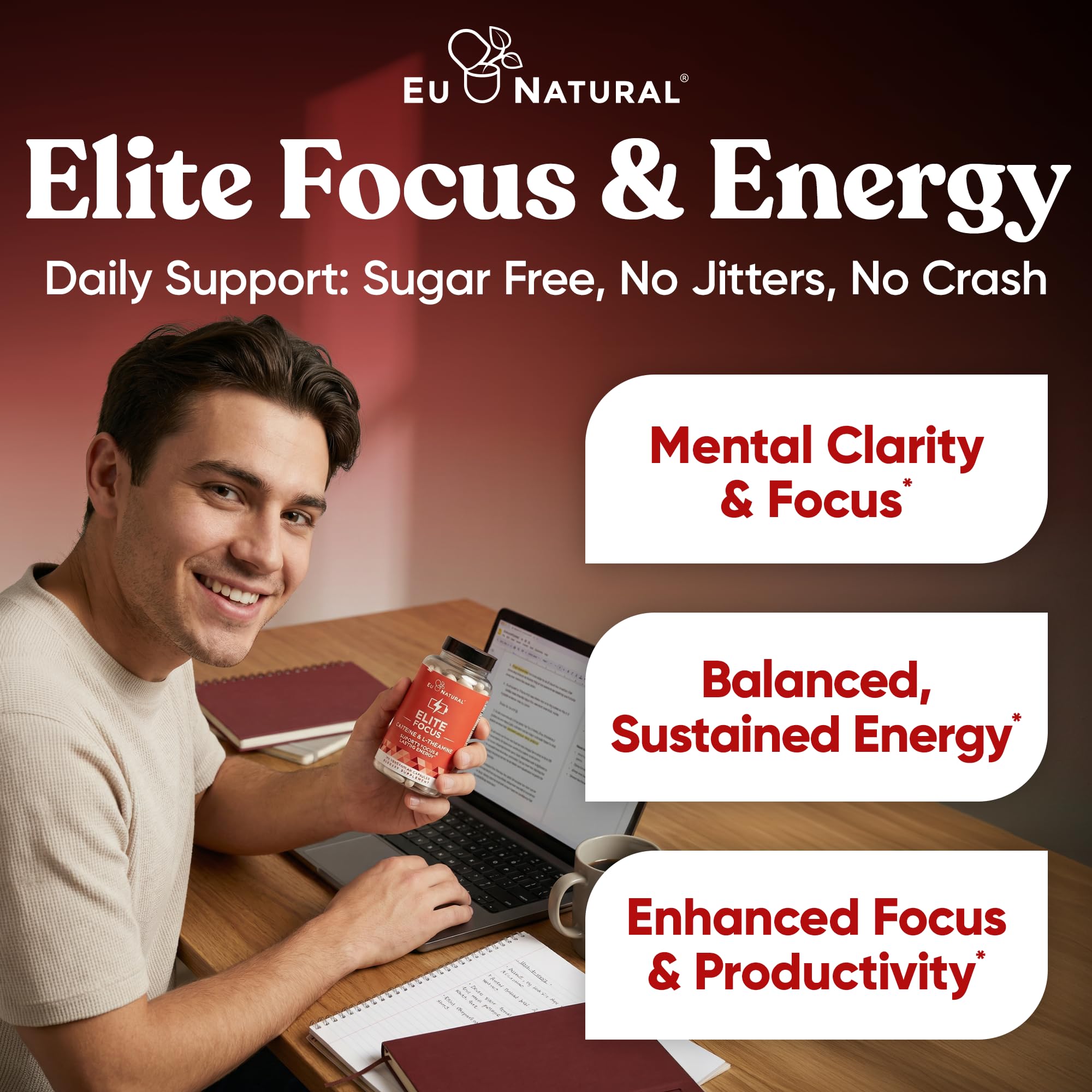 Eu Natural Elite Caffeine Pills with L-Theanine - 100mg Caffeine + 200mg L-Theanine - Jitter-Free Focused Energy & Clean Nootropic Stack - 240 Soft Capsules Eu Natural uk supplements