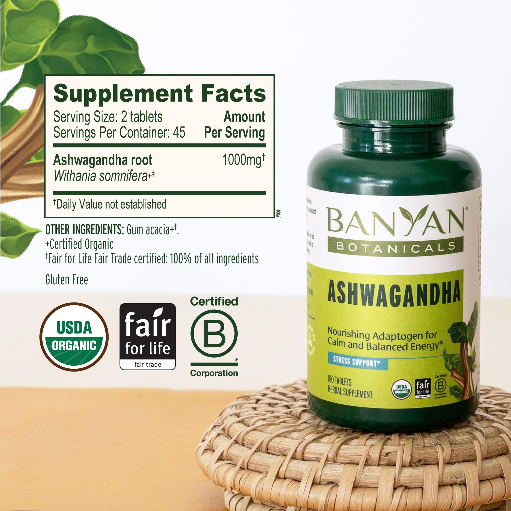 Banyan Botanicals Organic Ashwagandha - 1000mg per Serving - Cortisol Manager & Stress Relief Supplement - Adrenal Support for Mood, Restful Sleep & Muscle Recovery - 180 Tablets - Non-GMO, Vegan* Banyan Botanicals uk supplements