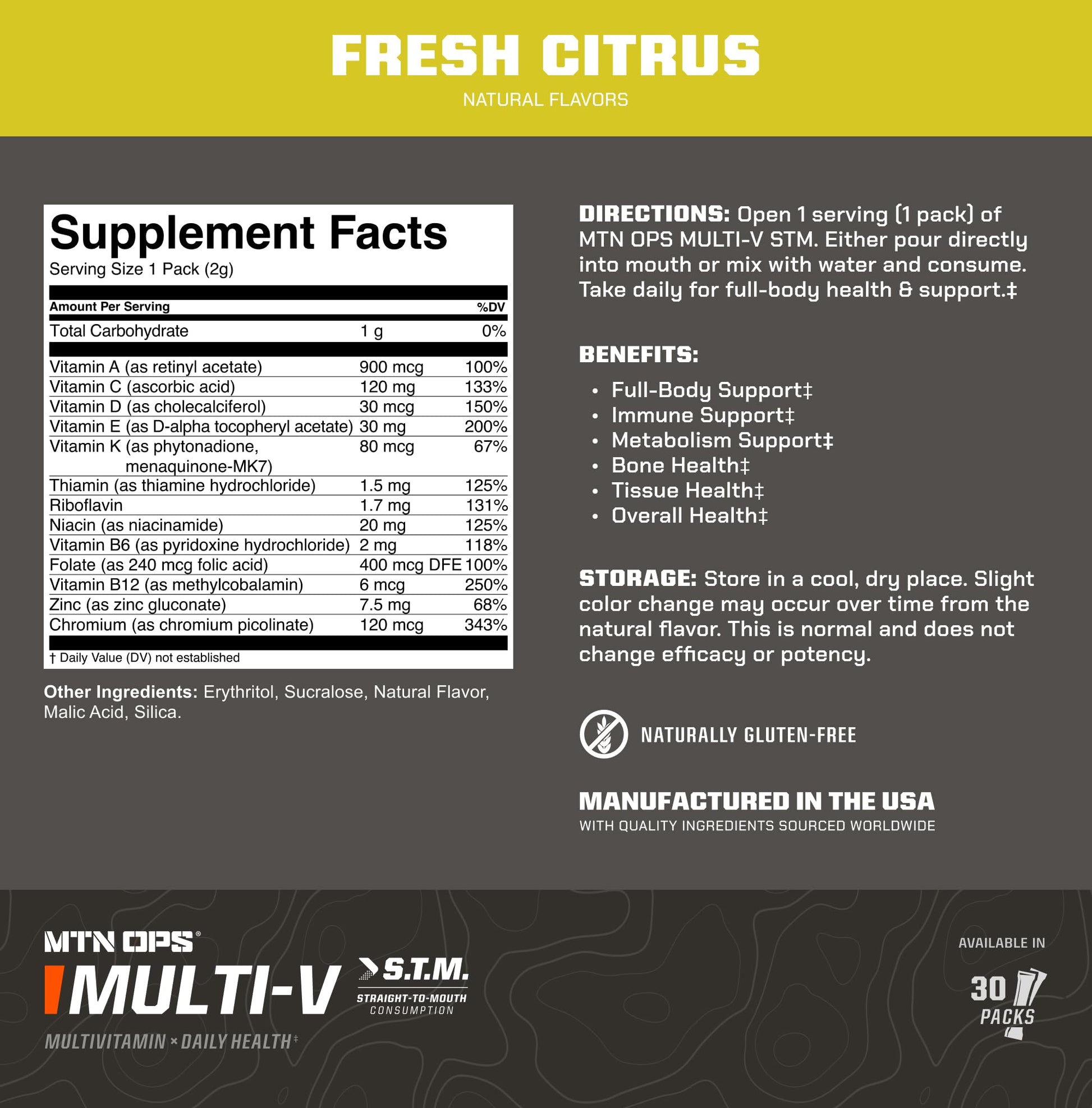MTN OPS Multi‑V STM On‑the‑Go Daily Multivitamin for Men, Women & Kids – Straight‑to‑Mouth Vitamin C D3 B Zinc Packs – Gluten Free, Natural Flavors, 30 Servings MTN OPS uk supplements