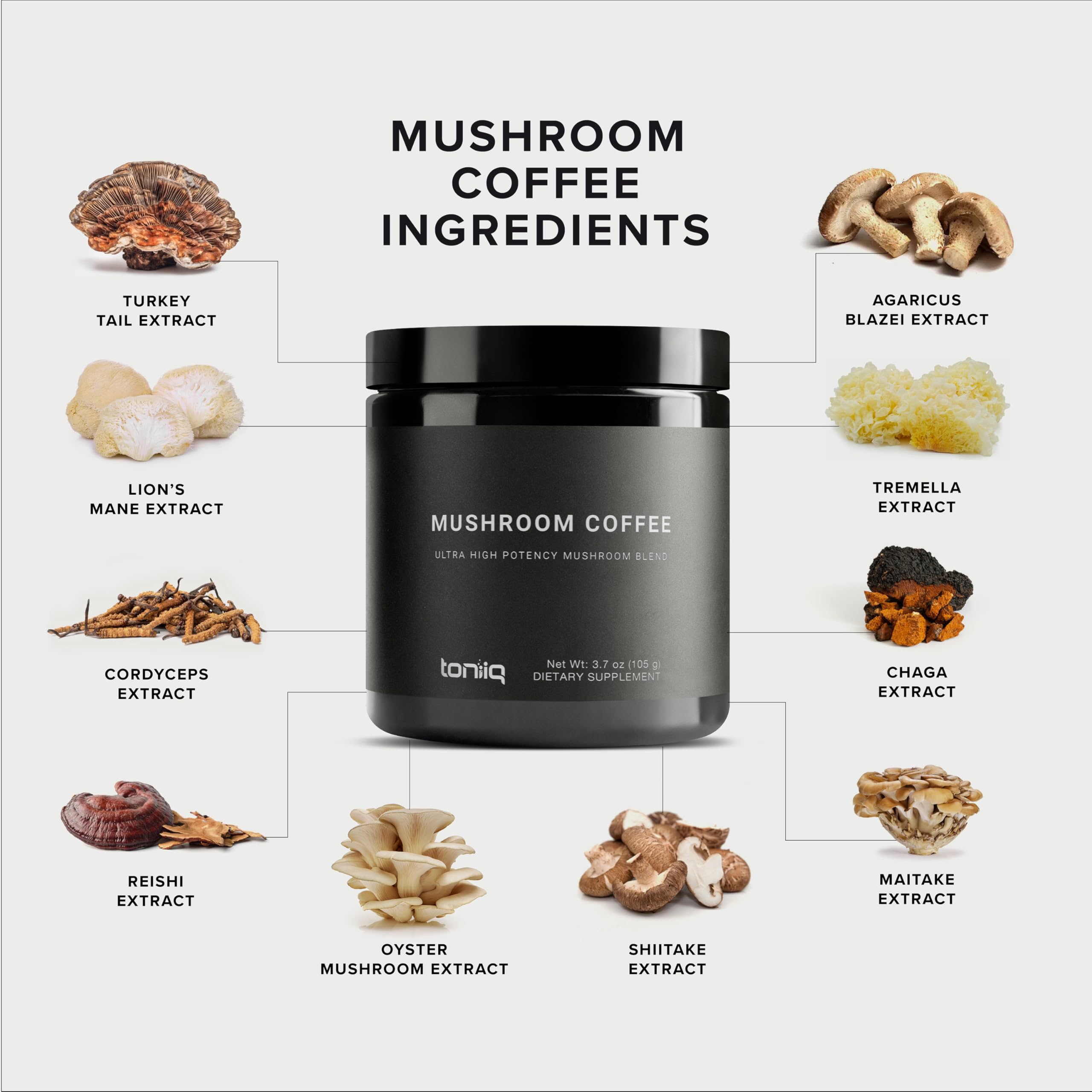 Mushroom Coffee - Ultra High Potency 10:1 Concentrated Extract - Colombian Sourced Beans with 10 Mushroom Blend, Lion's Mane & Cordyceps - Rich & Functional Coffee Alternative - Third-Party Lab Tested Toniiq uk supplements