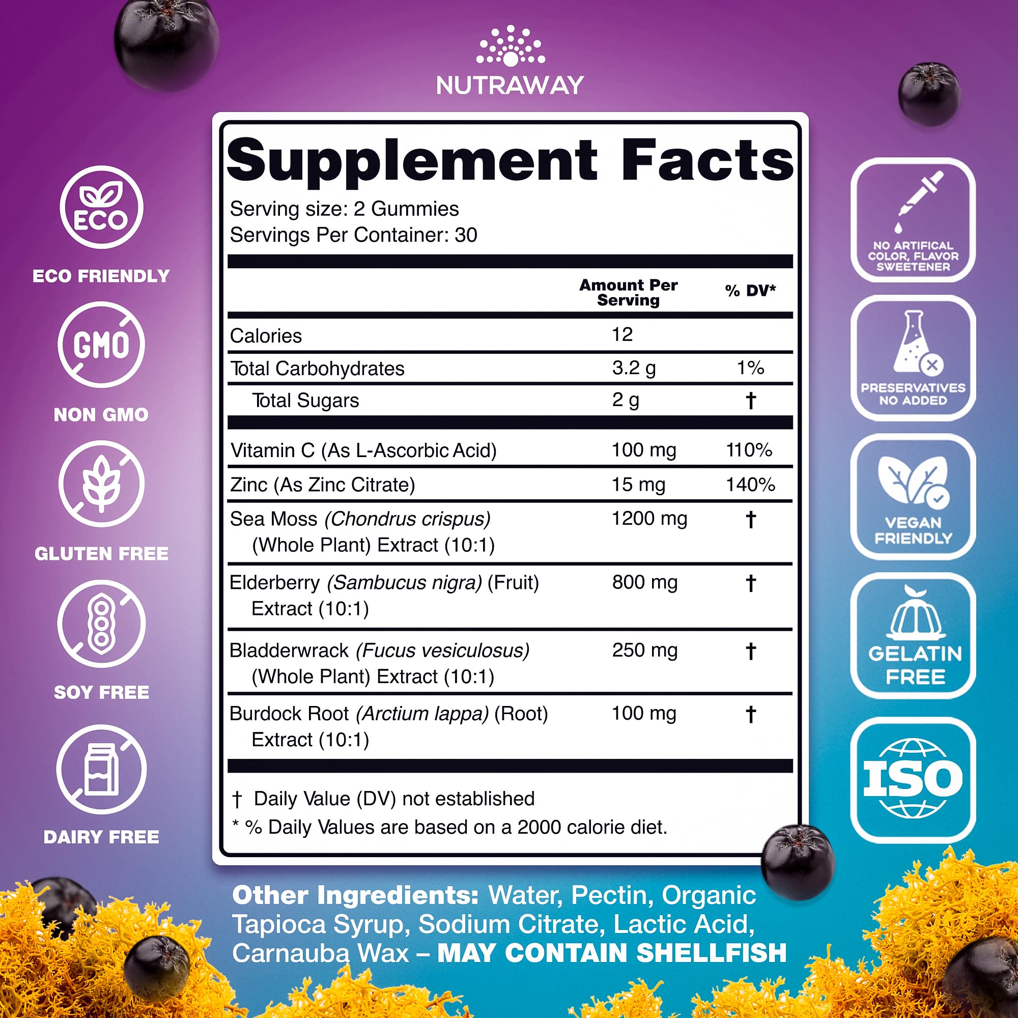 NUTRAWAY LABS Sea Moss Gummies with Elderberry, Vitamin C & Zinc - 102 Minerals from Irish Sea Moss, Bladderwrack & Burdock Root for Immune Support - Vegan Seamoss Supplement (Pack of 1) NUTRAWAY LABS uk supplements
