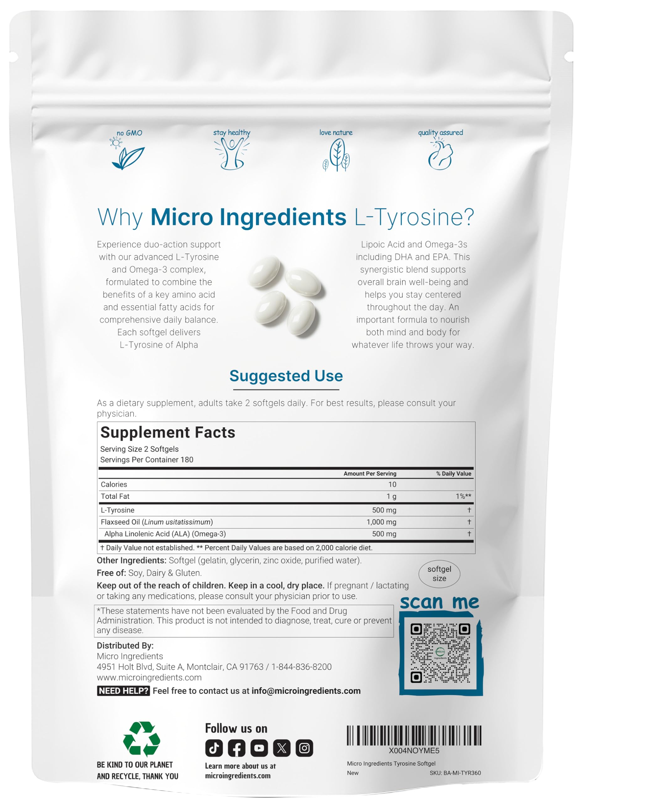 L Tyrosine Supplement 500mg with Omega-3, 360 Softgels | Duo Action Amino Acids + Omega from Flaxseed Oil 1,000mg with ALA | Heart and Mood Support | Brain Supplements for Memory and Focus | Non-GMO Micro Ingredients uk supplements