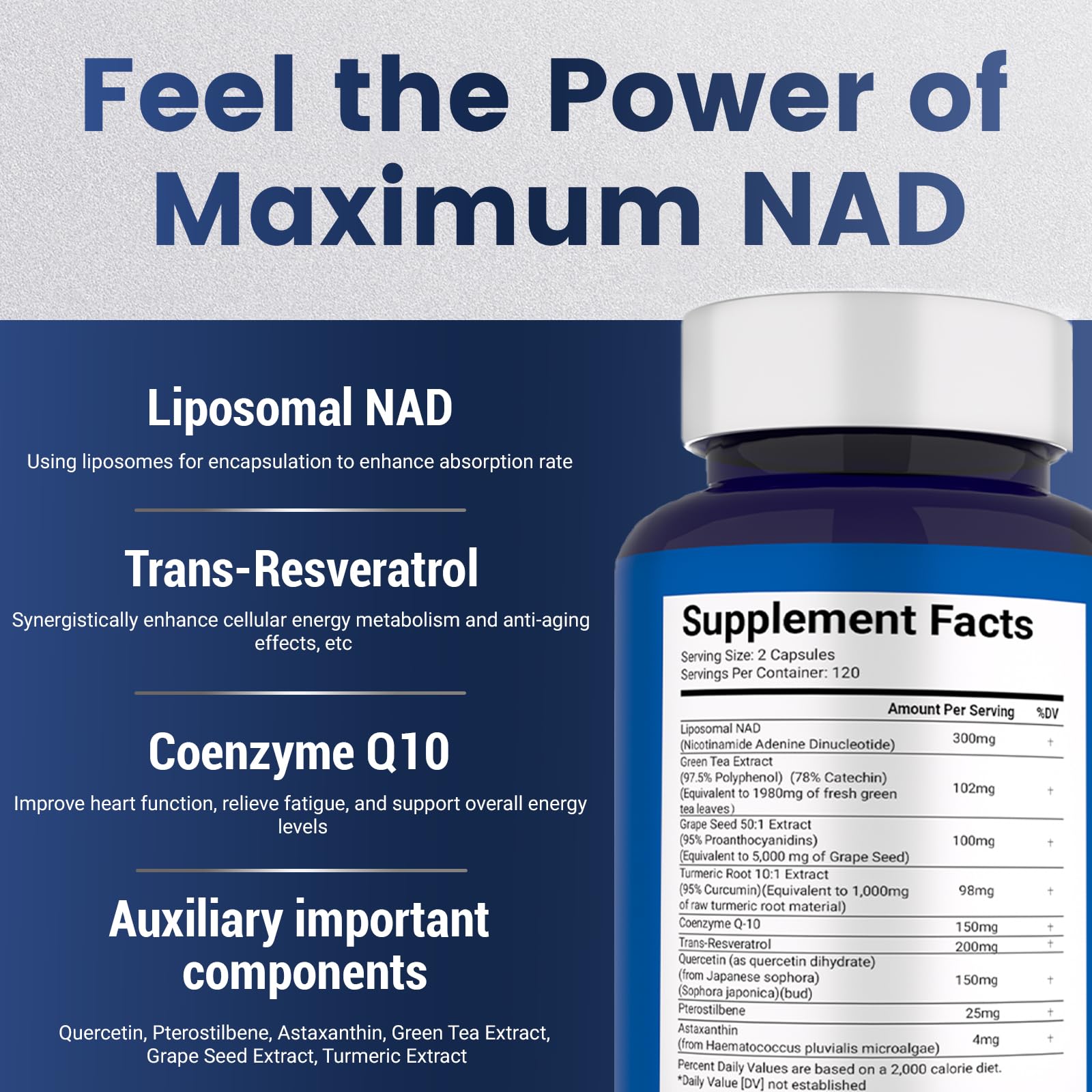 NAD+ Supplement 8,809mg with Liposomal NAD and Resveratrol for Women & Men - 120 Capsules to Support Cellular Health, Boost Stamina & Healthy Aging, Vegan & Gluten-Free Maximum NAD uk supplements
