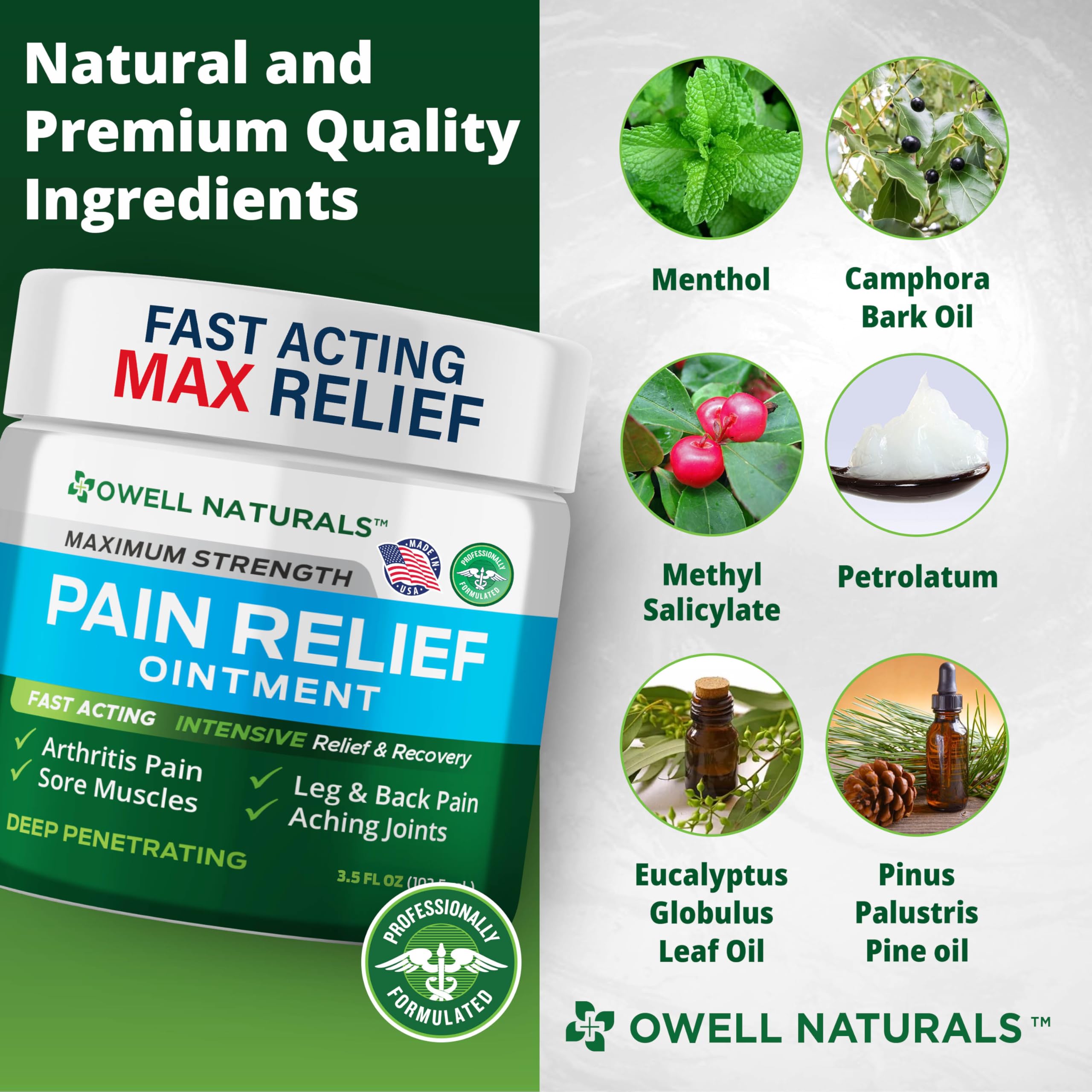 OWELL NATURALS Pain Relief Ointment Deep Penetrating Fast Acting Formula for Arthritis, Joint & Muscle Discomfort, Stiffness, Long-Lasting Soothing Balm, 3.5 oz Owell Naturals uk supplements