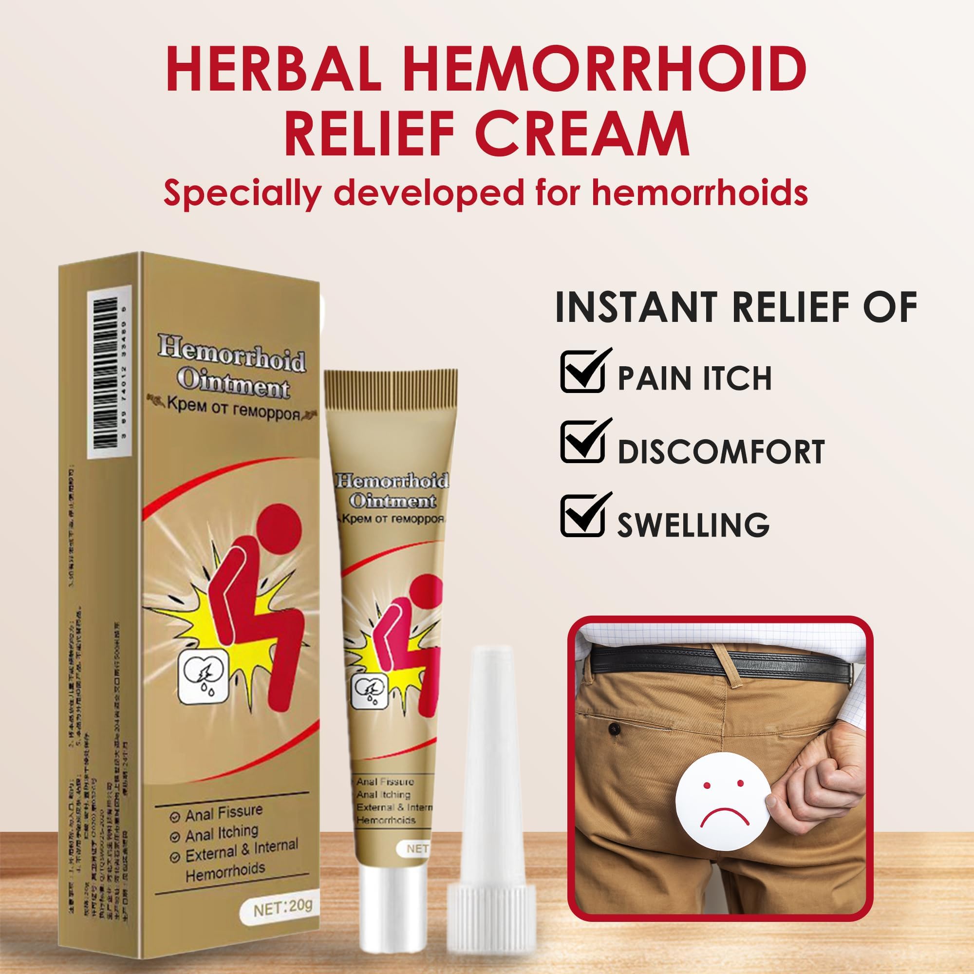 Hemorrhoid Cream, Herbal Hemorrhoid Ointment, Natural Itching & Burning Relief Hemorrhoidal Cream, External Discomfort Support for Men Women 20g Generic uk supplements