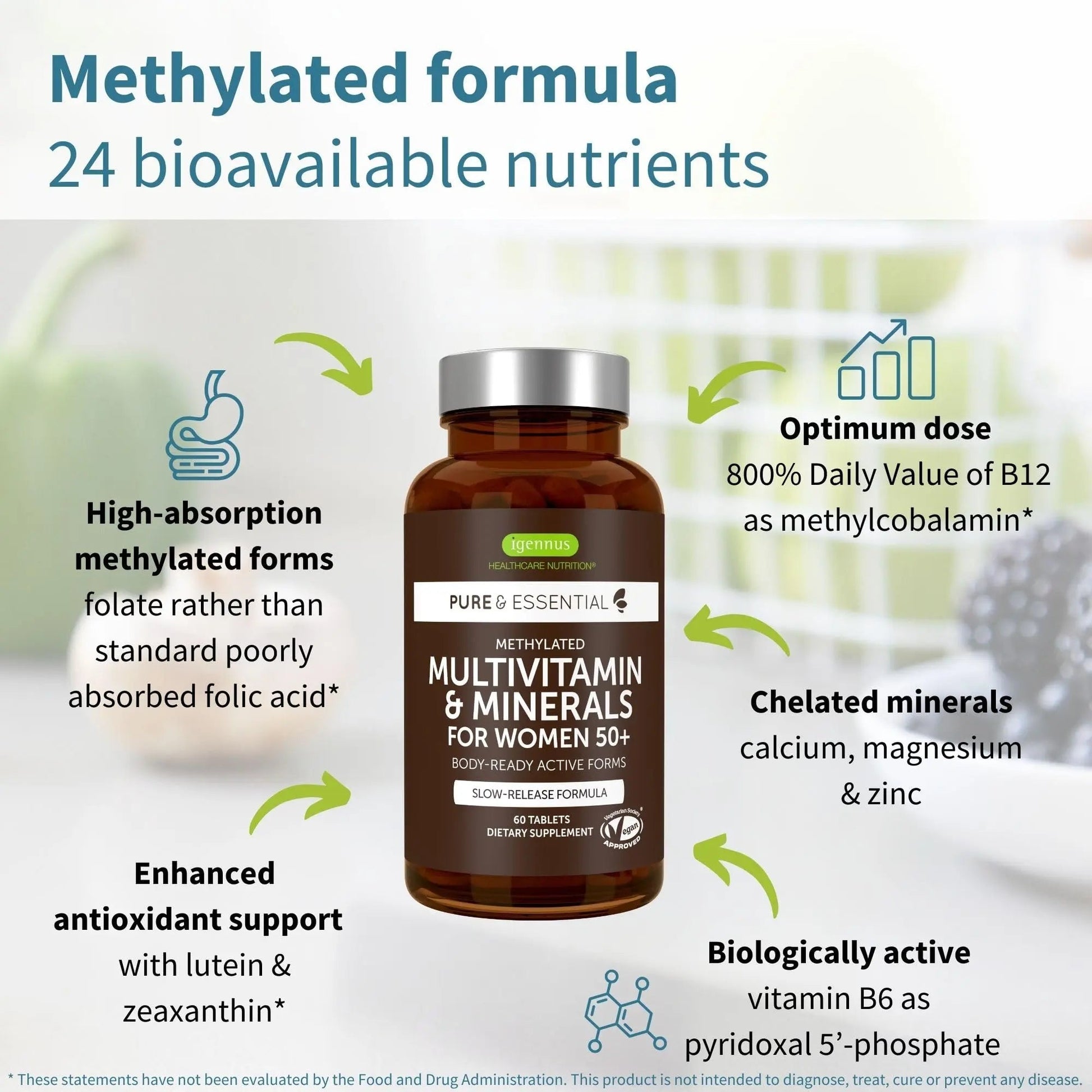Igennus Methylated Women's 50+ Multivitamin with Calcium & Magnesium, Pure & Clean, All-Day Nutrient Delivery with High-Strength B-Vitamins Igennus Healthcare Nutrition uk supplements