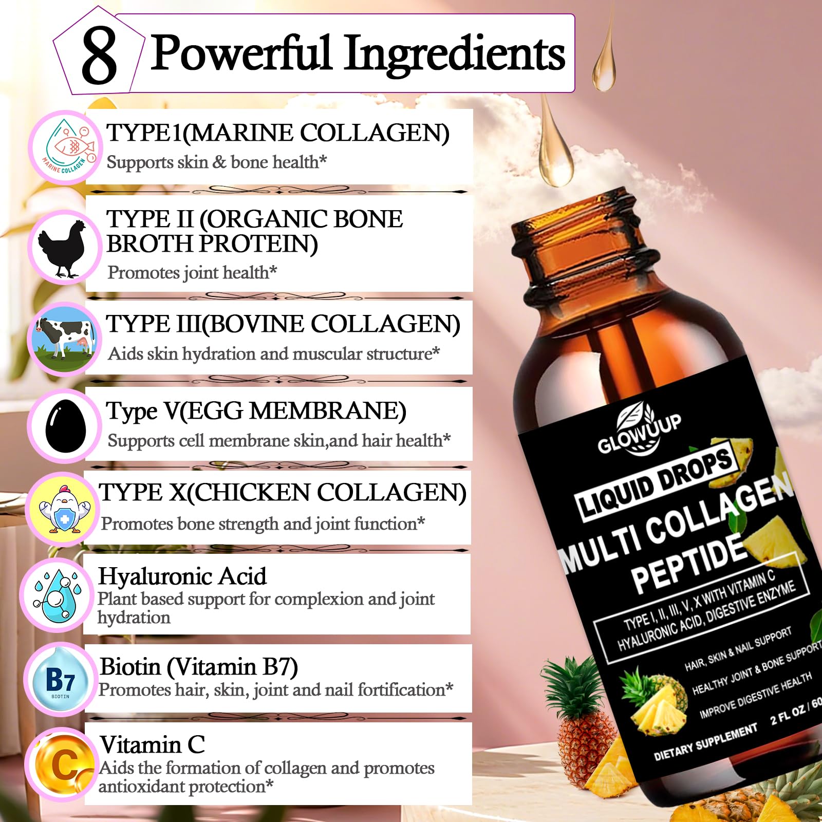 Multi Collagen Peptides Liquid Drops for Women & Men-Type I, II, III, V, X丨Hydrolyzed Collagen Peptides, Collagen Proteins W. Hyaluronic Acid, Biotin & Vitamin C for Hair Skin & Joint Gut Health GLOVVUUP uk supplements