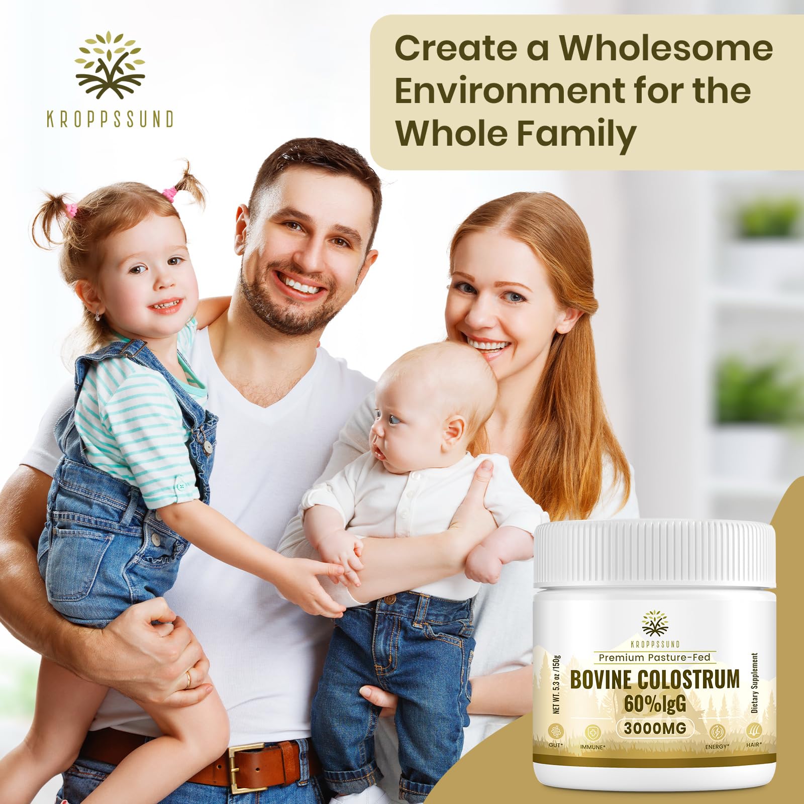 Kroppssund Bovine Colostrum Powder Supplement 3000 mg - Extra High 60% IgG Bovine Colostrum - Gut, Bone, Exercise, Immune - 50 Servings (1 Bottle) Kroppssund uk supplements