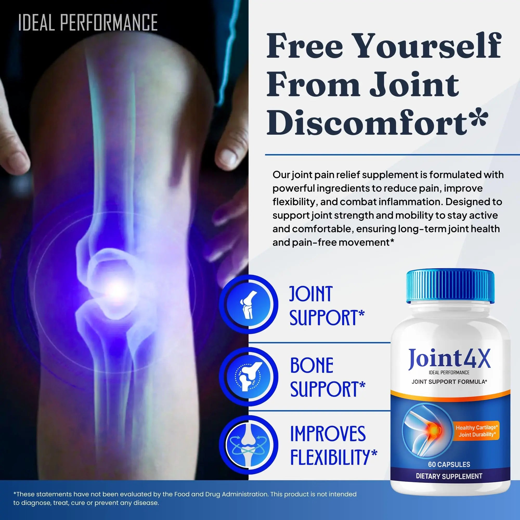 Joint4X Joint Support Capsules, Official Joint-4X Supplement Pills, All-Natural Formula to Fortify Bones and Bolster Flexibility - Maximum Strength, Joint 4X Pills Reviews (60 Capsules) IDEAL PERFORMANCE uk supplements
