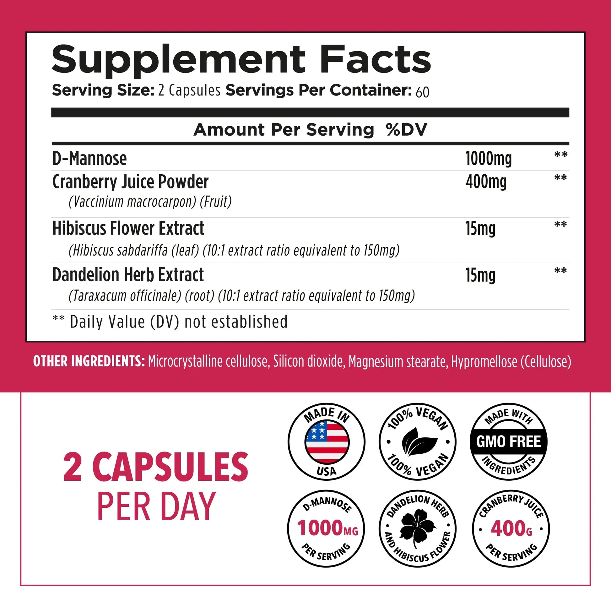 Plantvital D Mannose Capsules with Cranberry - D-mannose 1000mg Capsules - High Potency for Bladder, Kidney and Urinary Tract Support. Cranberry Powder with Hibiscus and Dandelion. 2 Months Supply Plantvital uk supplements