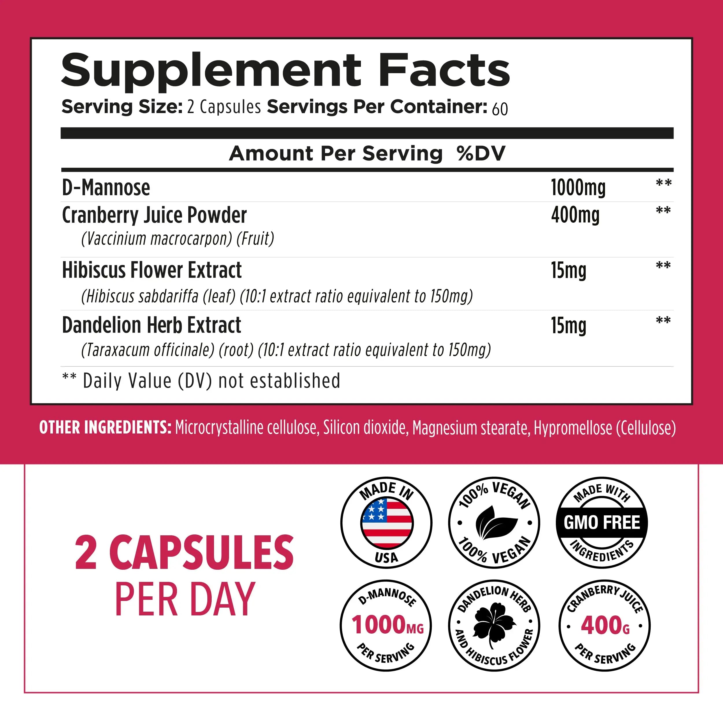 Plantvital D Mannose Capsules with Cranberry - D-mannose 1000mg Capsules - High Potency for Bladder, Kidney and Urinary Tract Support. Cranberry Powder with Hibiscus and Dandelion. 2 Months Supply Plantvital uk supplements