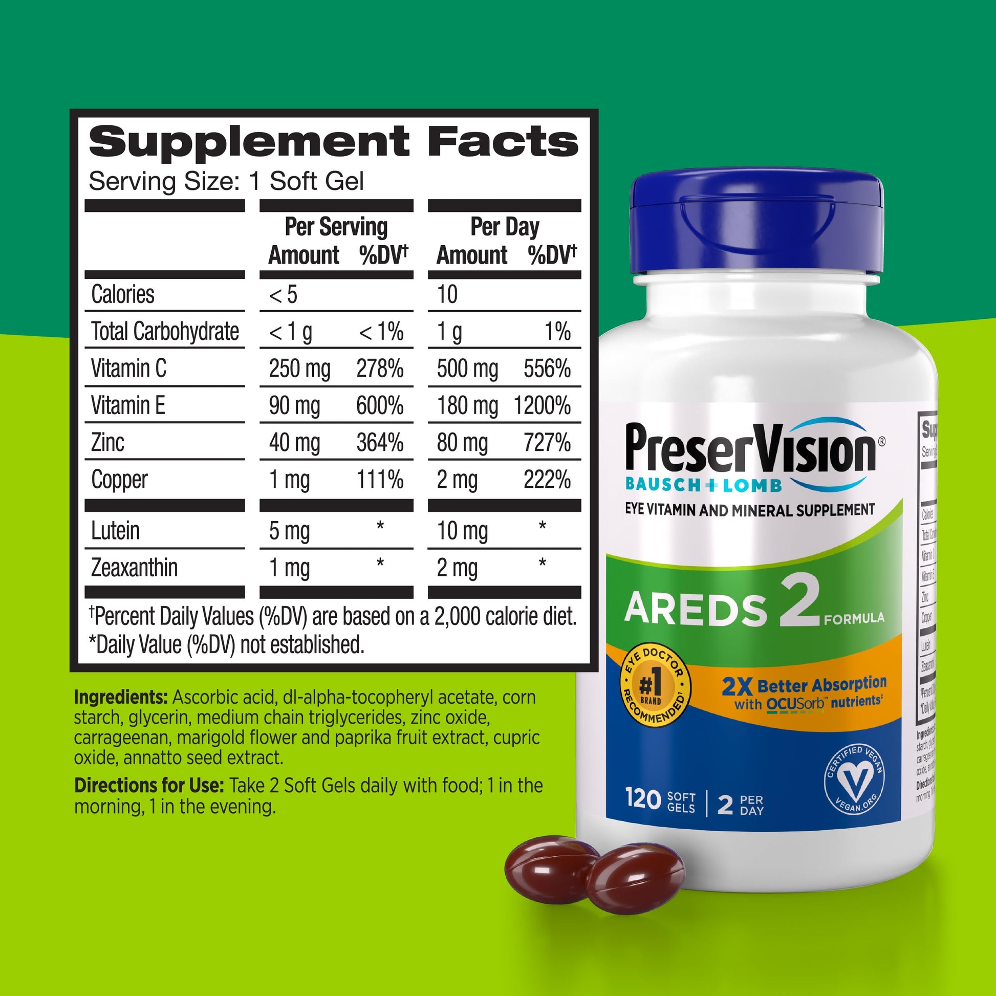 PreserVision AREDS 2 Eye Vitamin & Mineral Supplement with OCUSorb, 120 Vegan Soft Gels, Contains Lutein, Zeaxanthin, Vitamin C & E, Zinc, & Copper, Eye Health Supplements for Adults PreserVision uk supplements