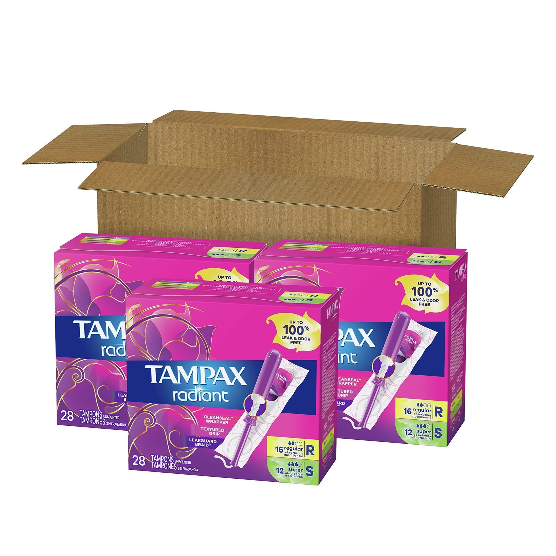 Tampax Radiant Tampons Multipack, Regular/Super Absorbency, with Leakguard Braid, Unscented, 84 Count Tampax uk supplements