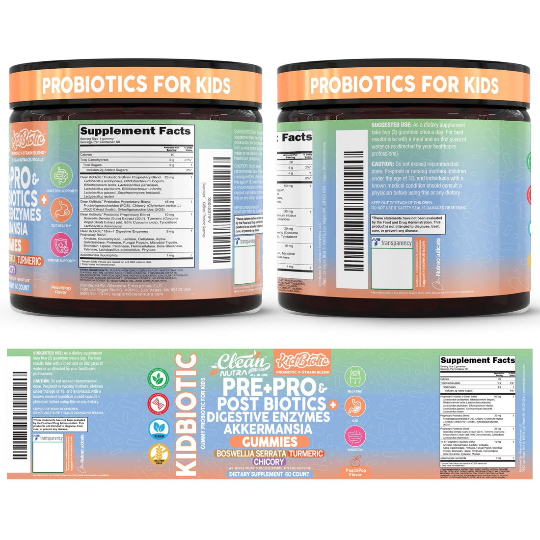 Clean Nutra Kids Probiotics Gummies with Prebiotics, Postbiotics, Digestive Enzymes, Akkermansia, Boswellia Serrata, Turmeric, Chicory – 60 Count – Plant-Based Supplement for Kids – PeachPop Flavor Clean Nutraceuticals uk supplements
