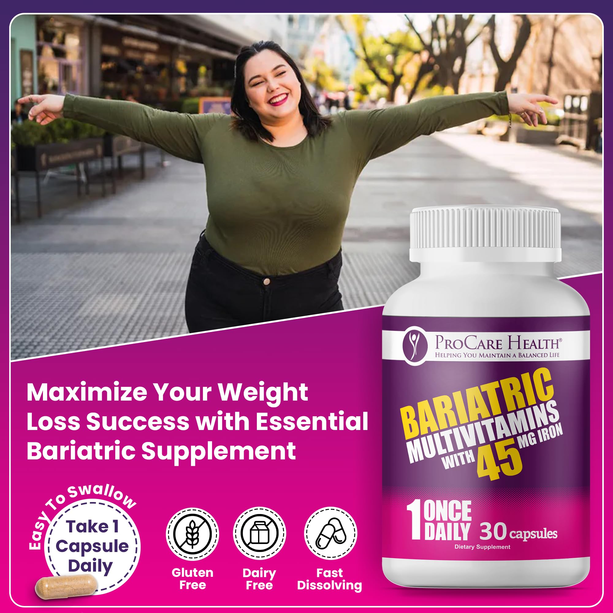 ProCare Health Bariatric Multivitamin with 45mg Iron (30 Easy to Swallow Capsules) - Once Daily Post-Op Support for Gastric Bypass ProCare Health uk supplements